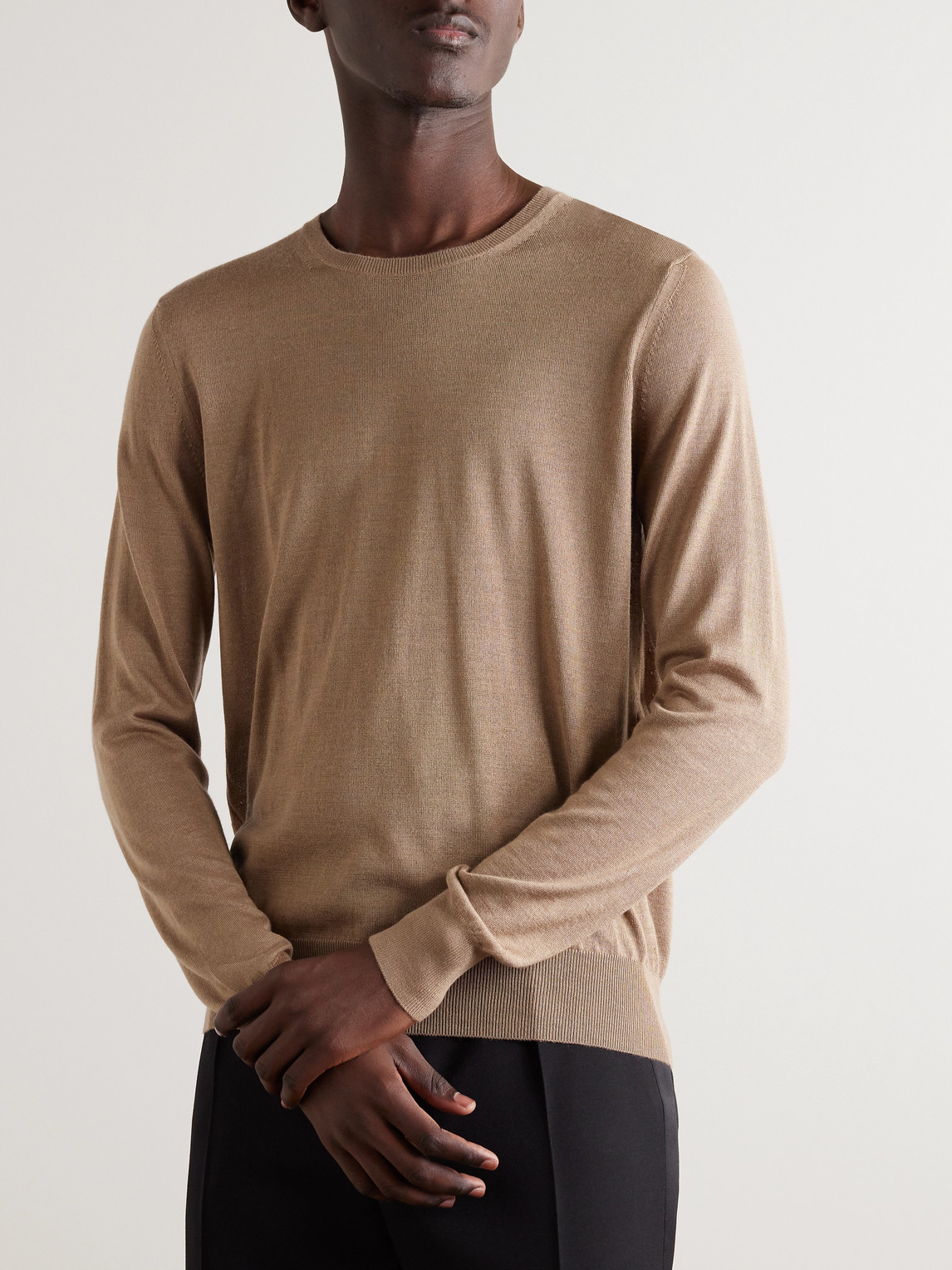 Shop Saint Laurent Slim-fit Wool, Cashmere And Silk-blend Sweater In Brown