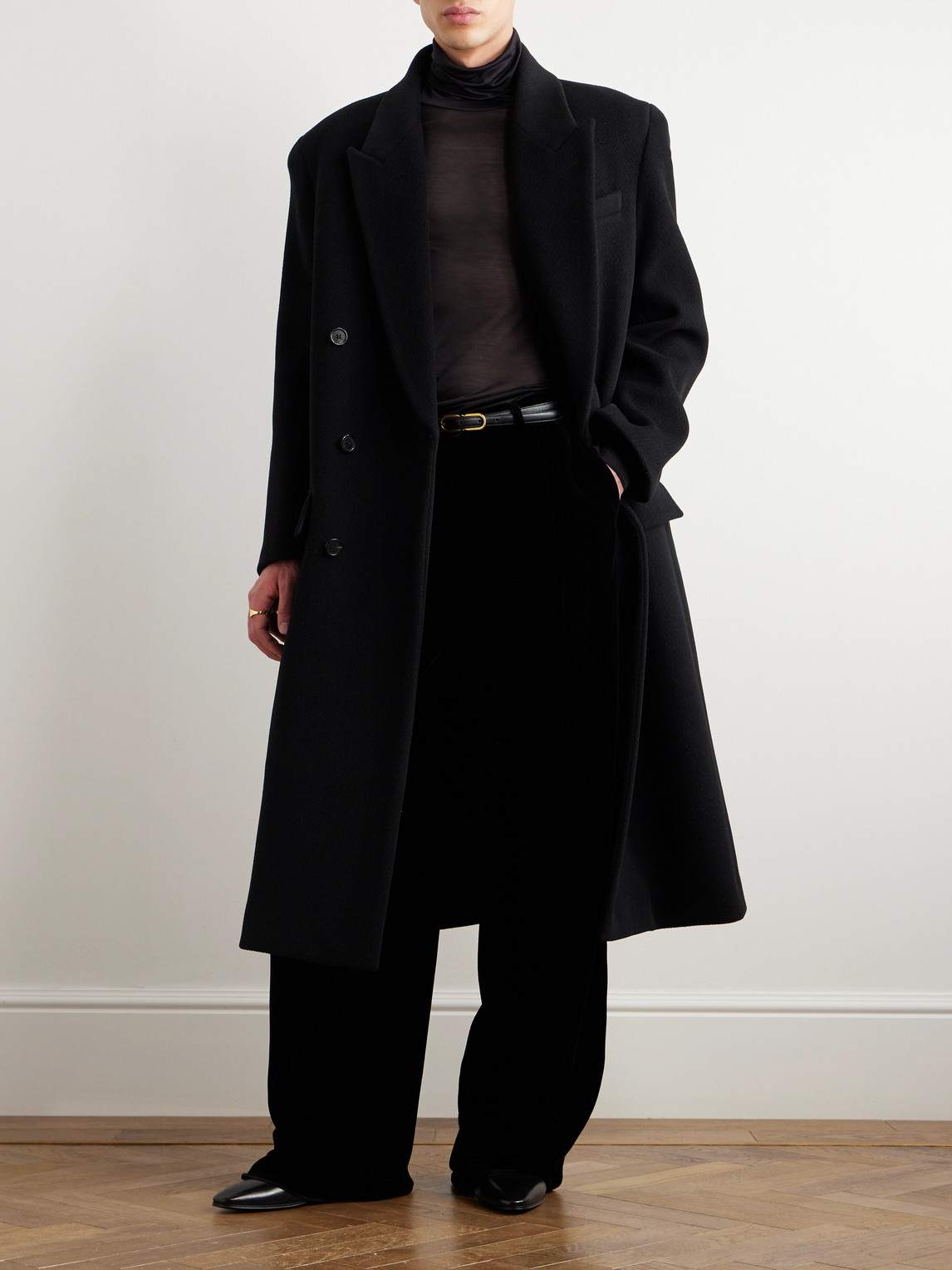 Shop Saint Laurent Double-breasted Herringbone Wool Overcoat In Black