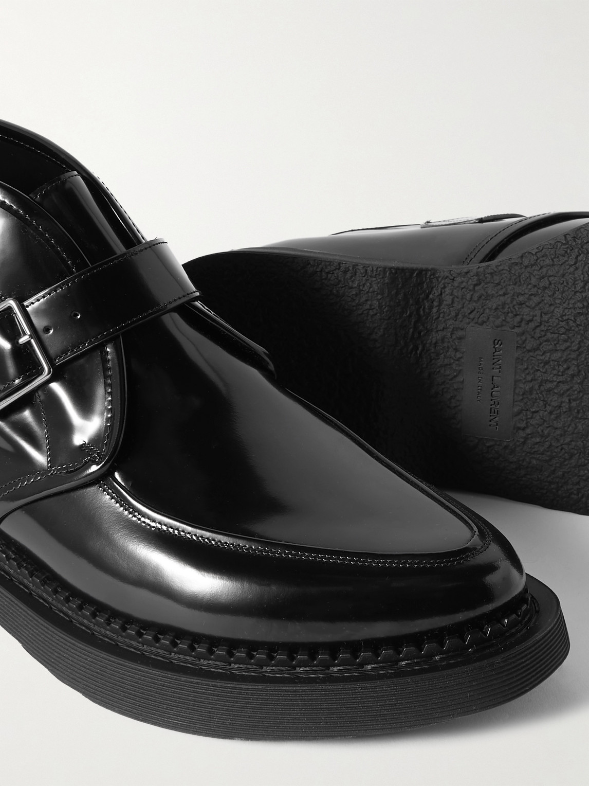 Shop Saint Laurent Teddy Polished-leather Monk-strap Boots In Black
