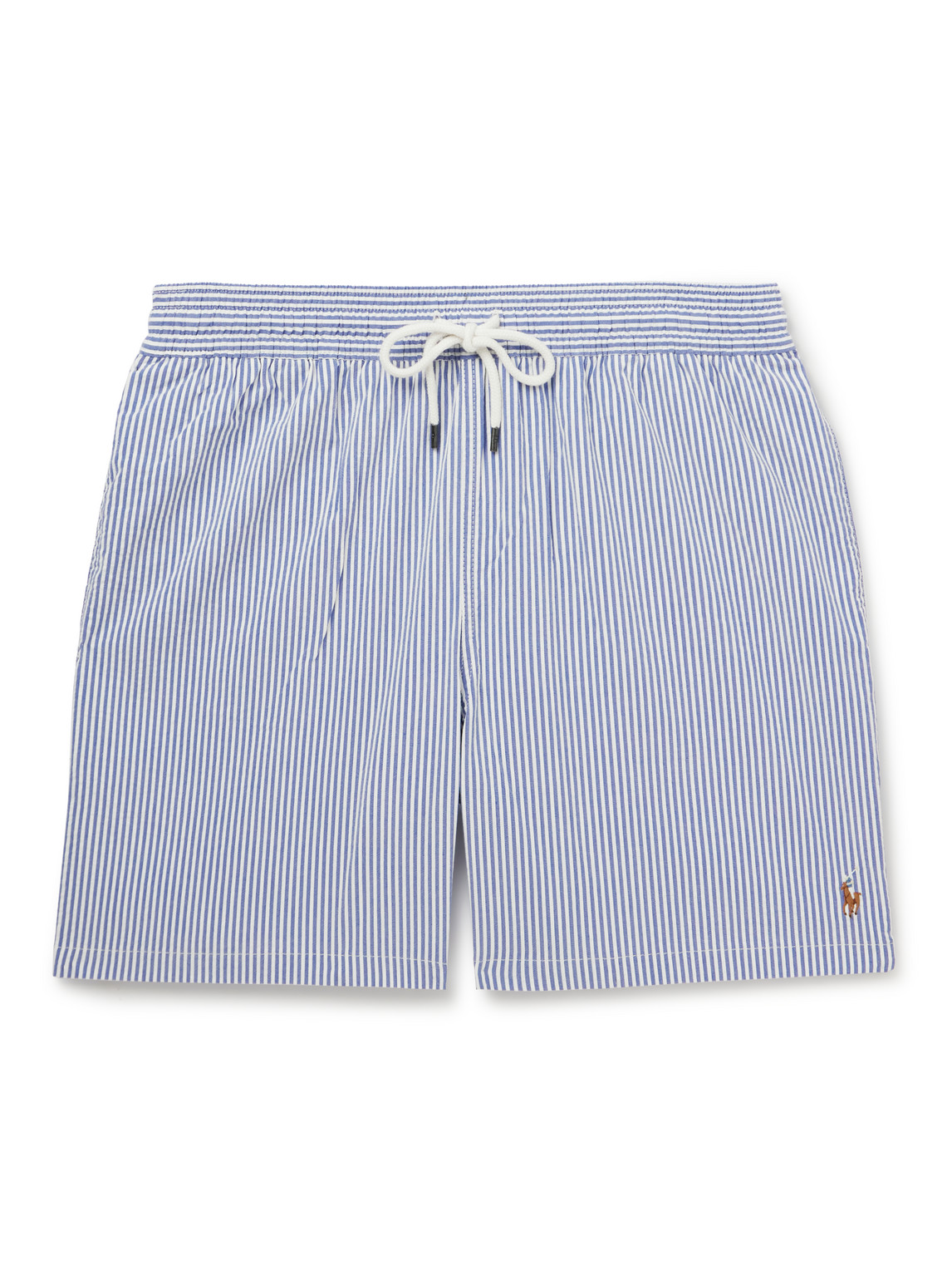 Polo Ralph Lauren Mid-length Straight-leg Striped Cotton-blend Seersucker Swim Shorts In Blue