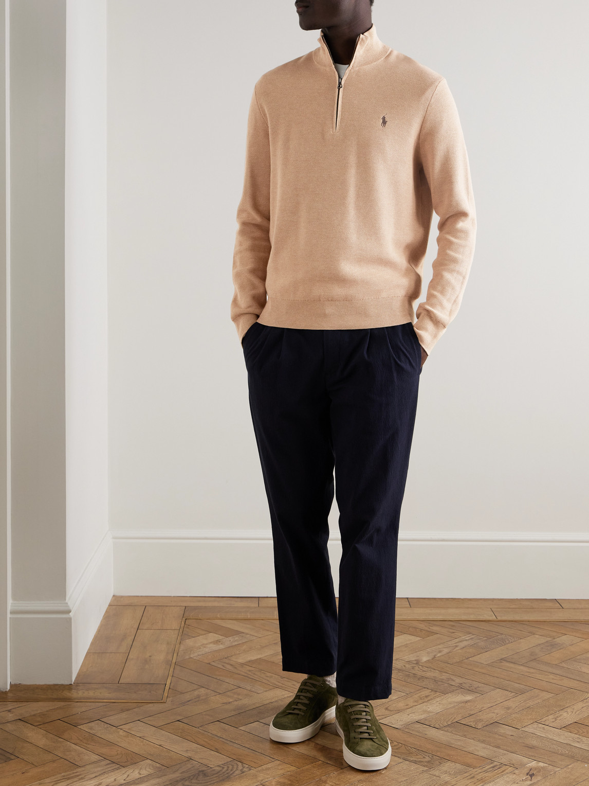 Shop Polo Ralph Lauren Logo-embroidered Honeycomb-knit Cotton Half-zip Sweater In Neutrals