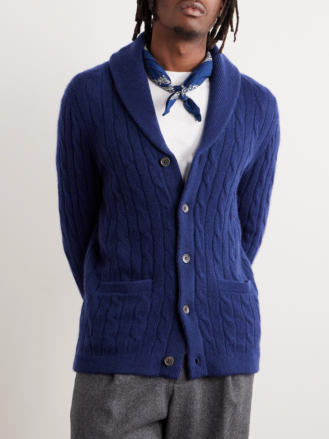 Shop Polo Ralph Lauren Shawl-collar Cable-knit Cashmere Cardigan In Blue