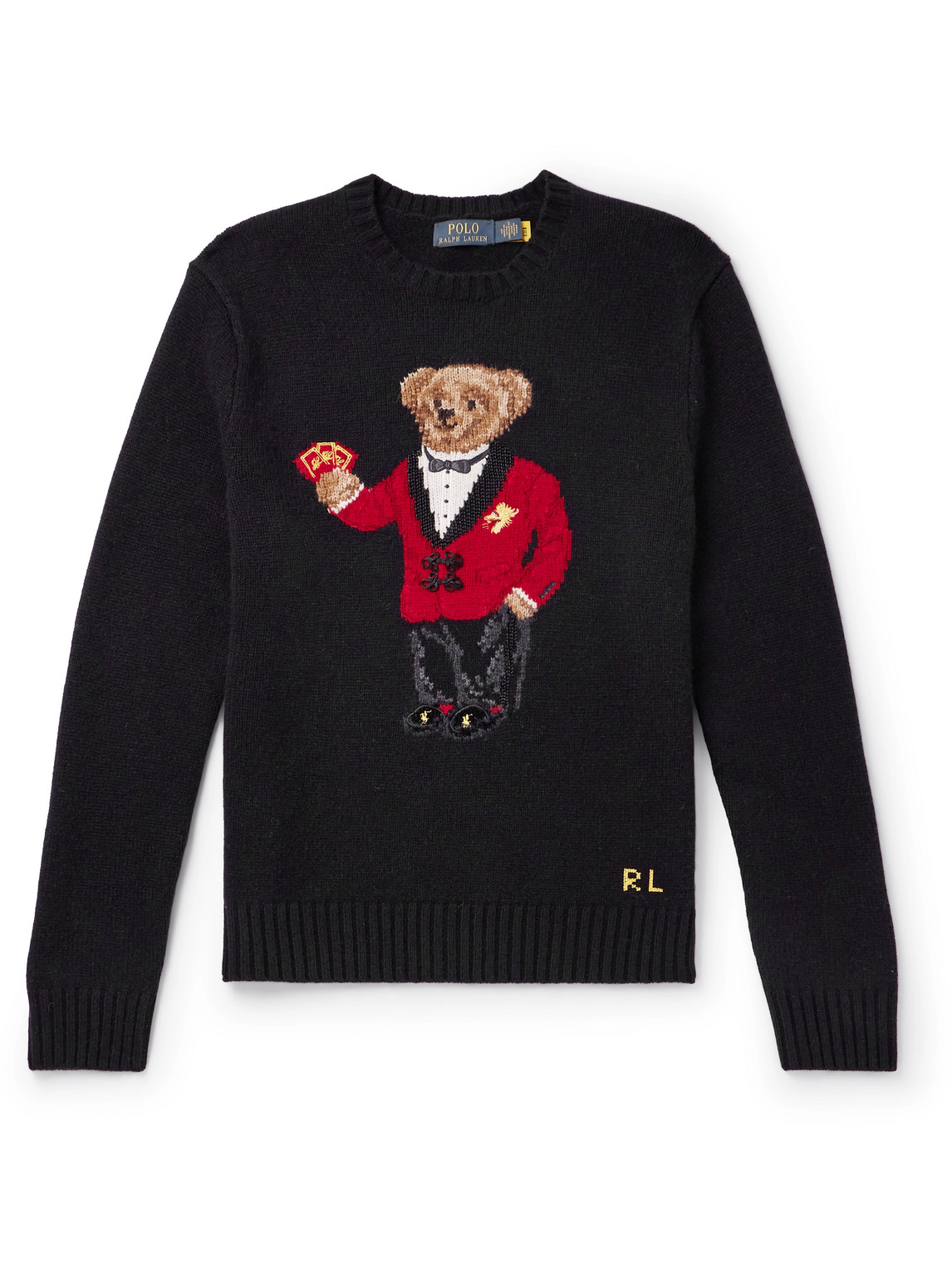 Polo Ralph Lauren Embroidered Intarsia Wool Jumper In Black