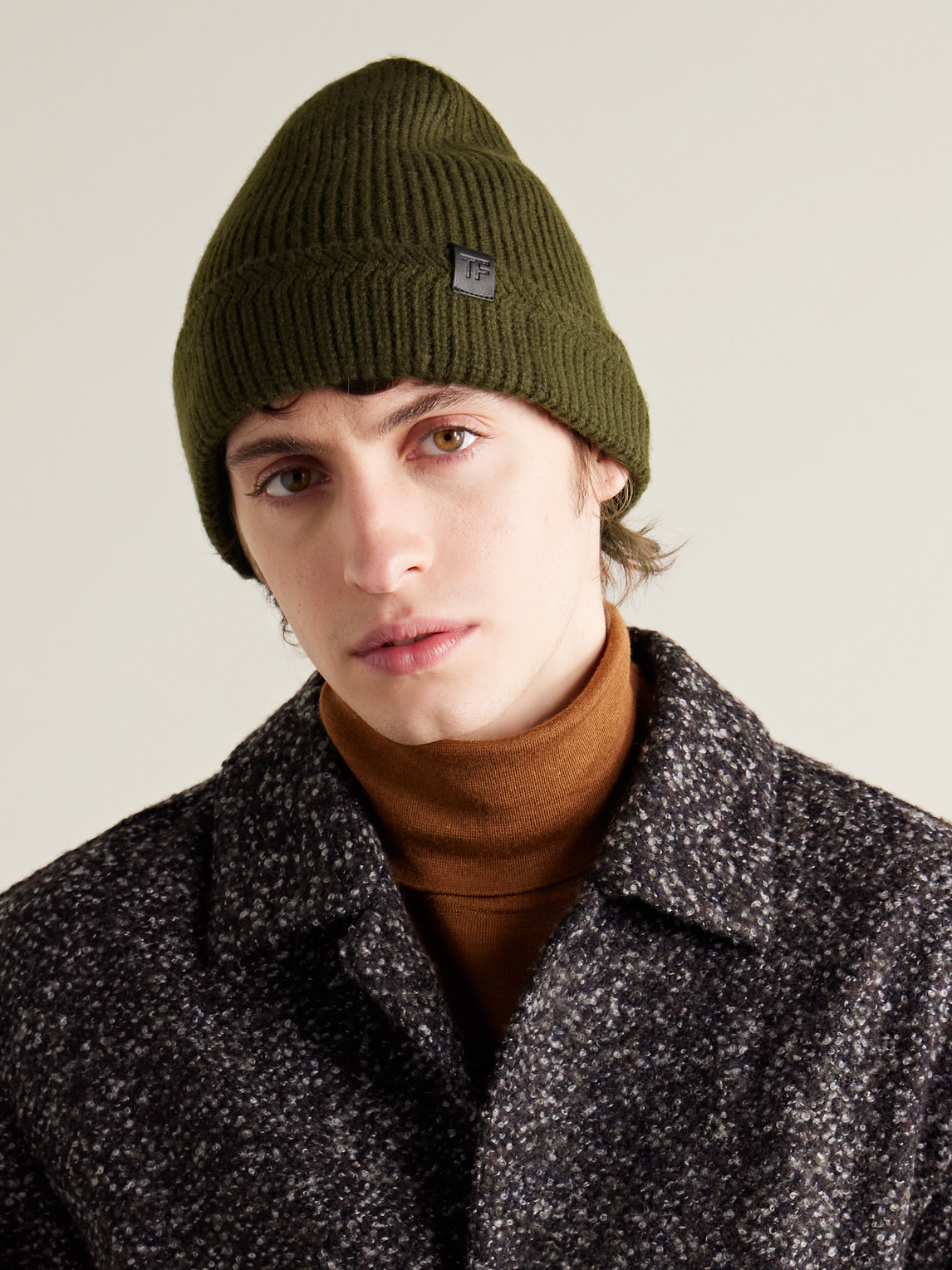 Shop Tom Ford Leather-trimmed Ribbed Wool And Cashmere-blend Beanie In Green