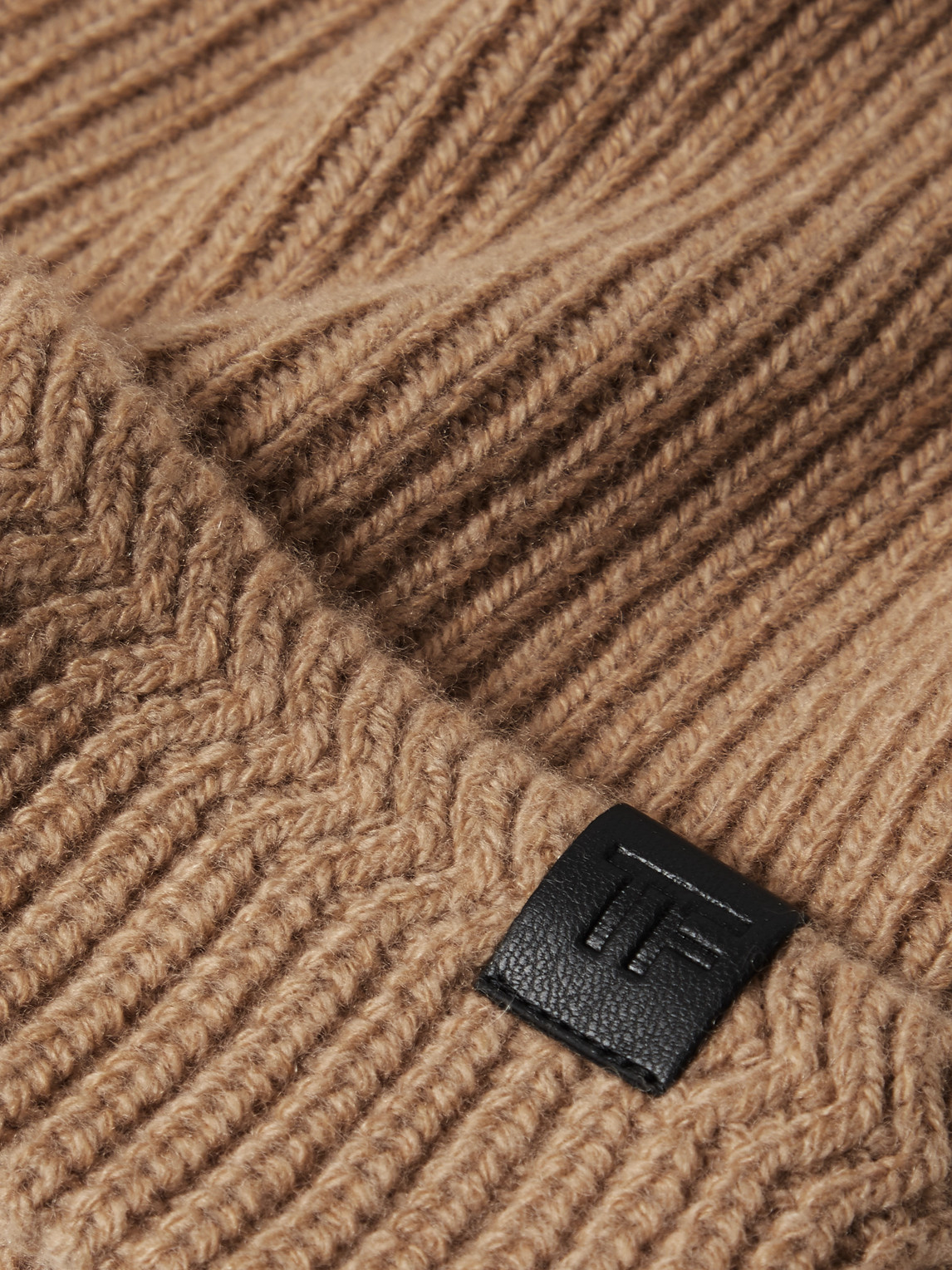 Shop Tom Ford Leather-trimmed Ribbed Wool And Cashmere-blend Beanie In Neutrals