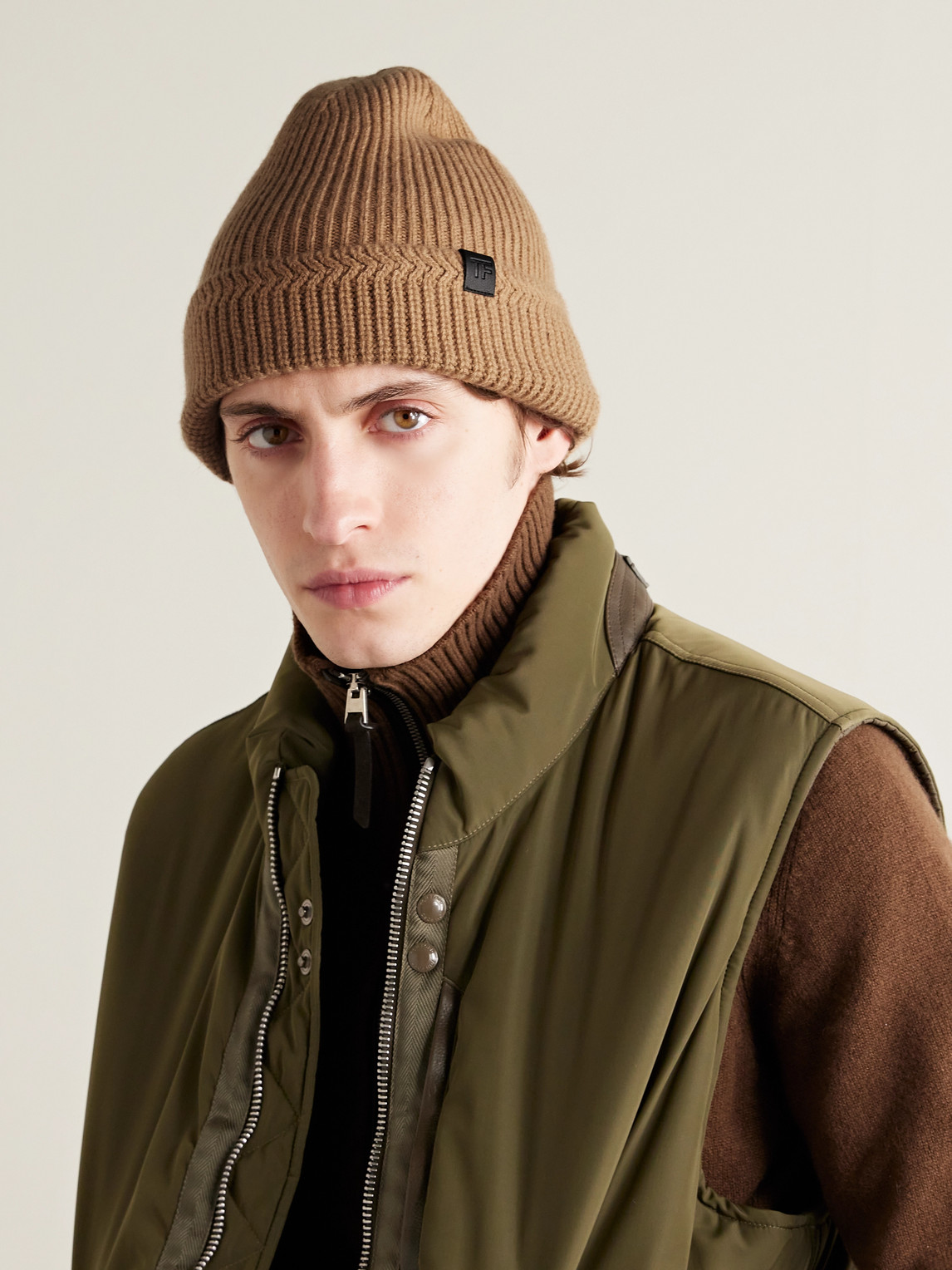 Shop Tom Ford Leather-trimmed Ribbed Wool And Cashmere-blend Beanie In Neutrals