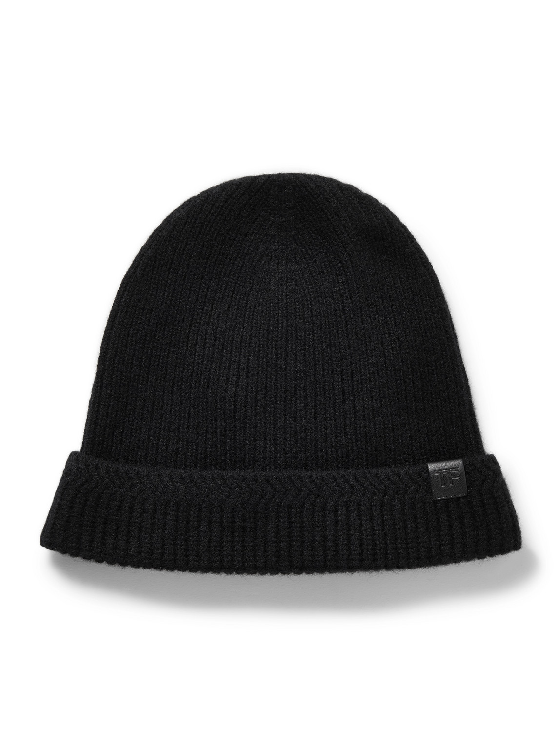 Shop Tom Ford Leather-trimmed Ribbed Wool And Cashmere-blend Beanie In Black