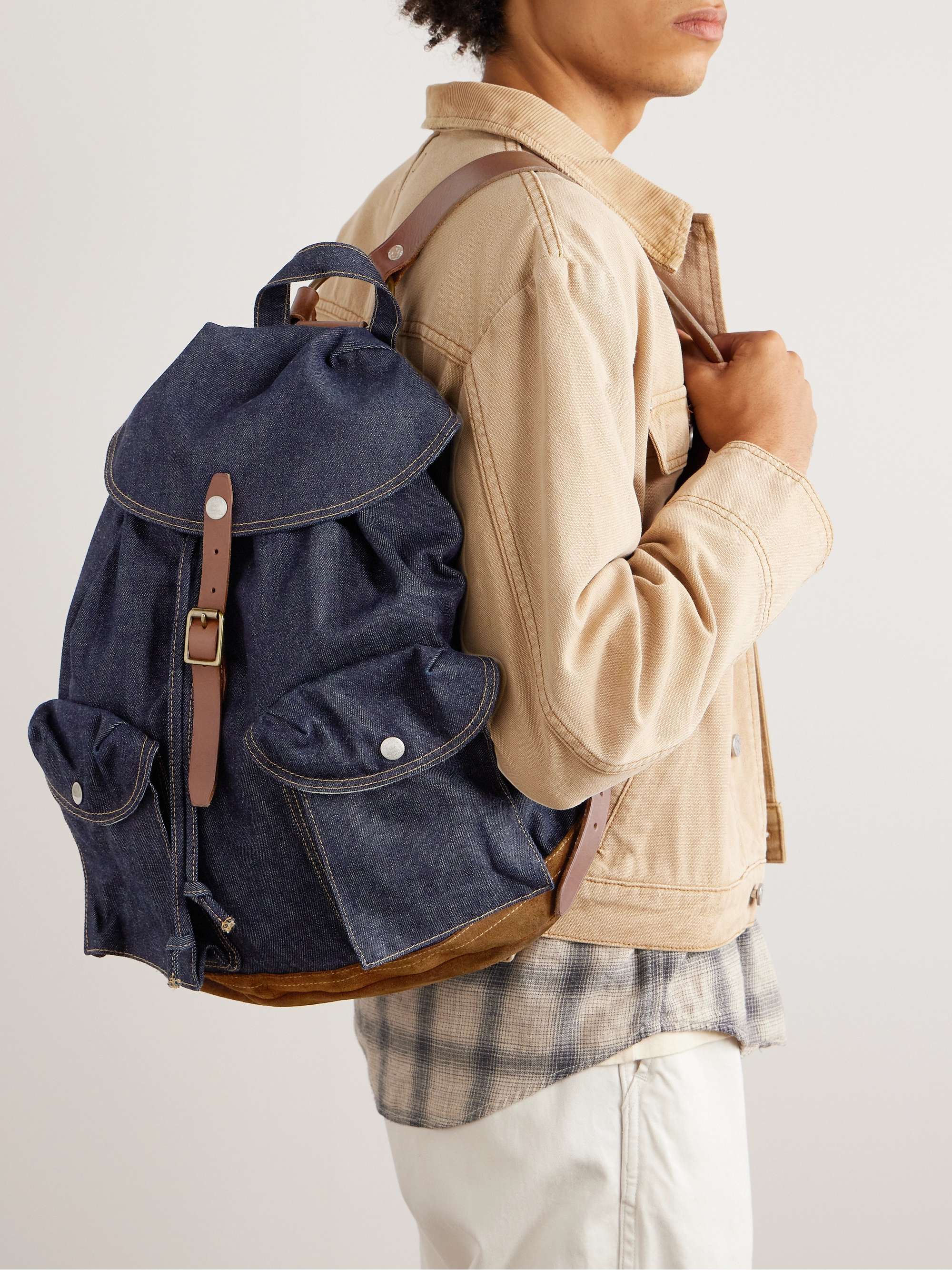 RRL Riley Leather and Suede-Trimmed Denim Backpack for Men | MR PORTER