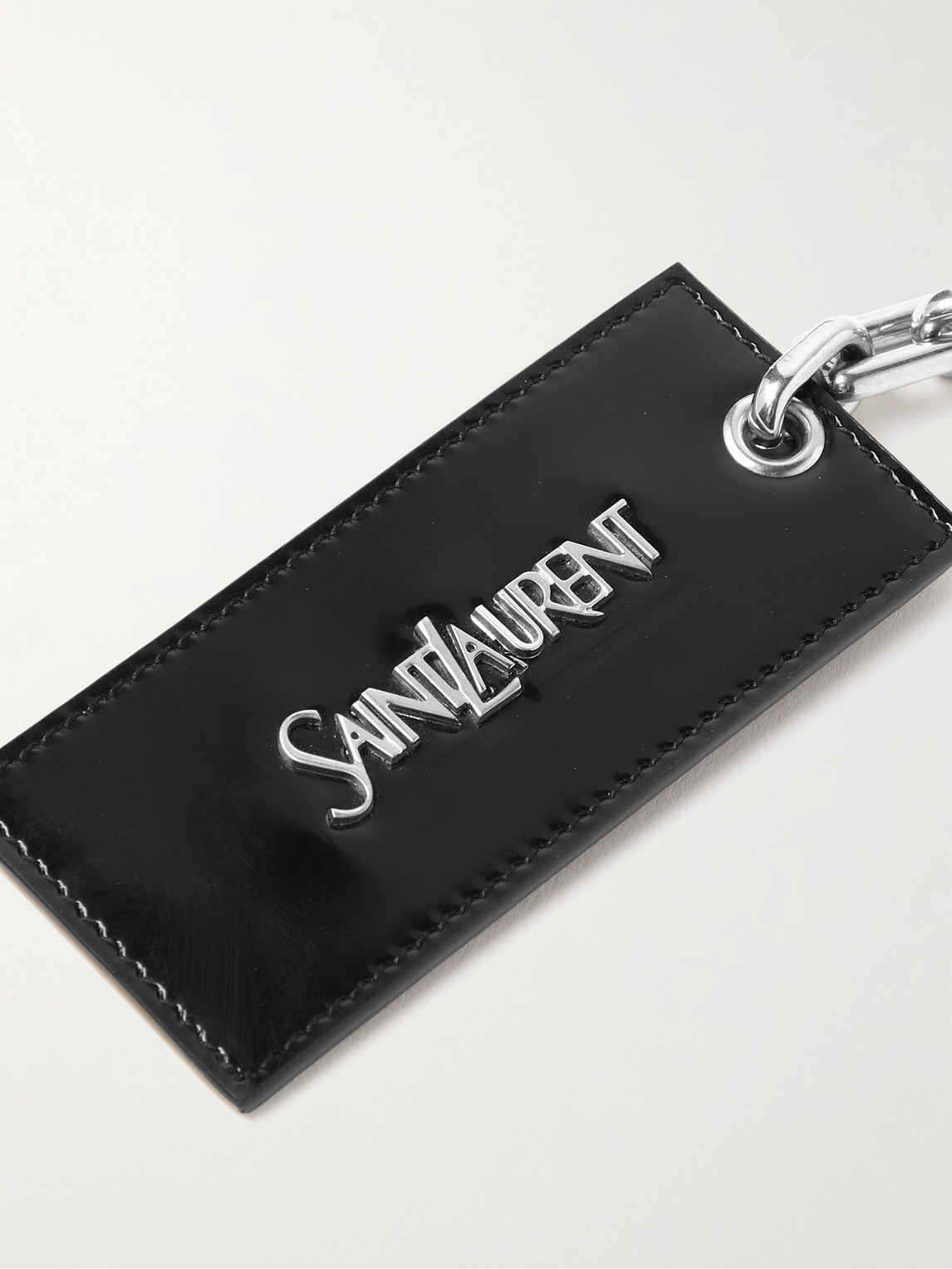 Shop Saint Laurent Logo-detailed Polished-leather And Silver-tone Keyring In Black