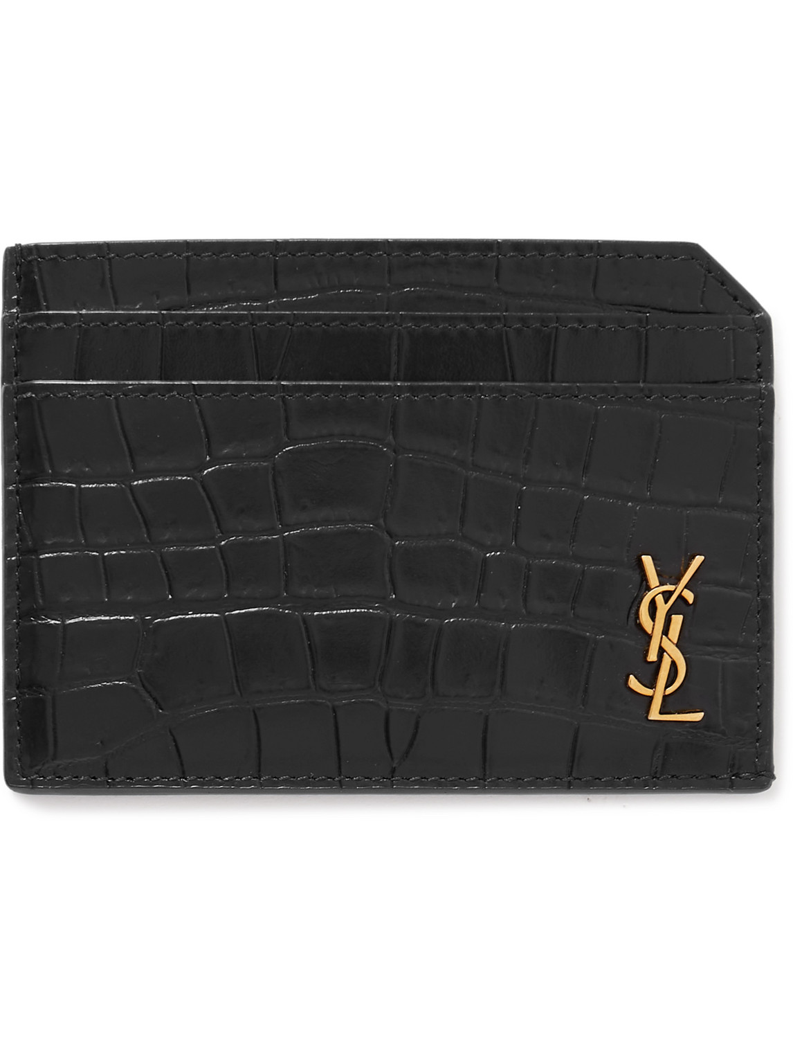 Saint Laurent Tiny Cassandre Logo-appliquéd Croc-effect Leather Cardholder In Black