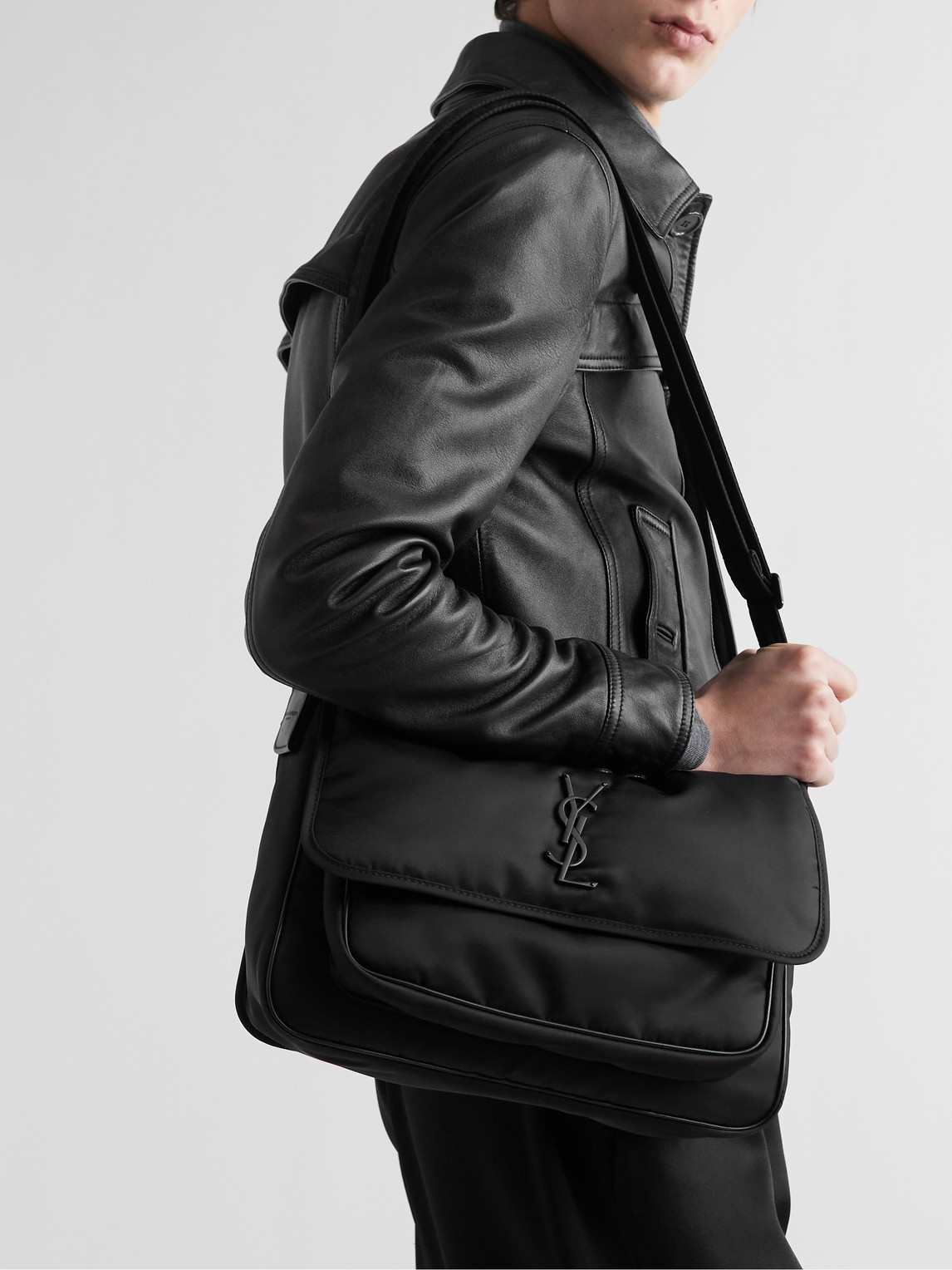Shop Saint Laurent Niki Leather-trimmed Nylon Messenger Bag In Black