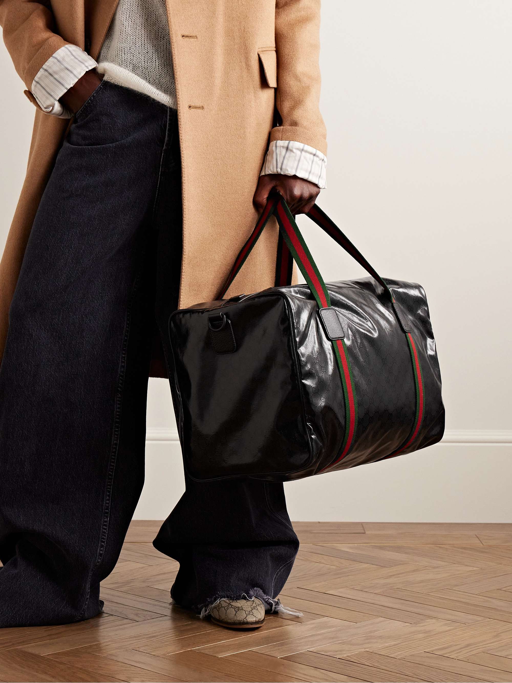 GUCCI Leather- and Webbing-Trimmed Monogrammed Crystal Canvas Holdall ...