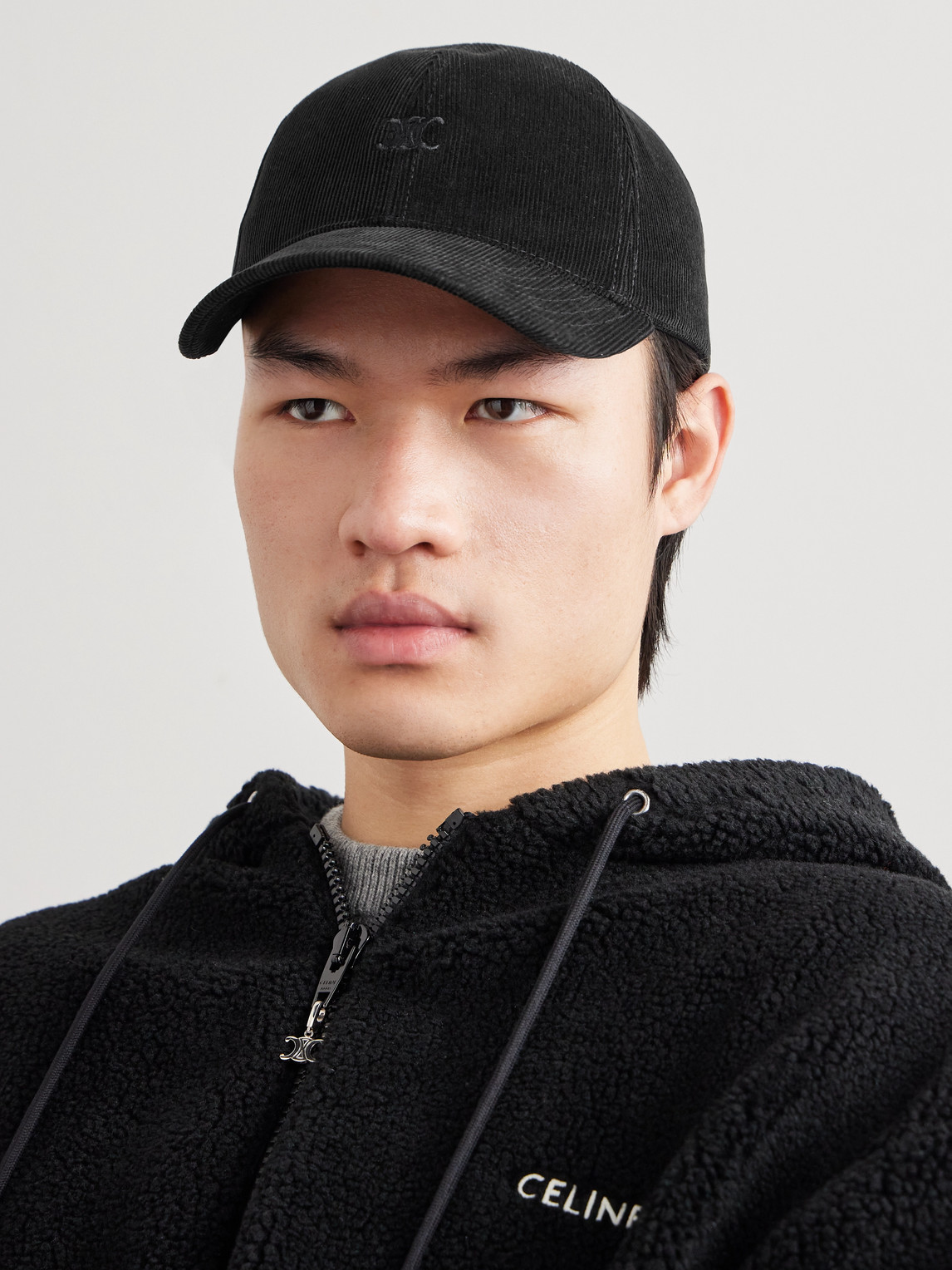 Celine Logo-embroidered Cotton-corduroy Baseball Cap In Black
