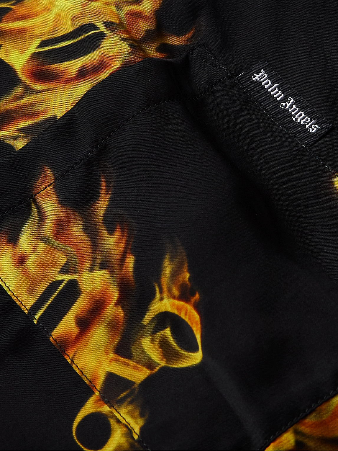 Shop Palm Angels Burning Convertible-collar Logo-print Satin Shirt In Black