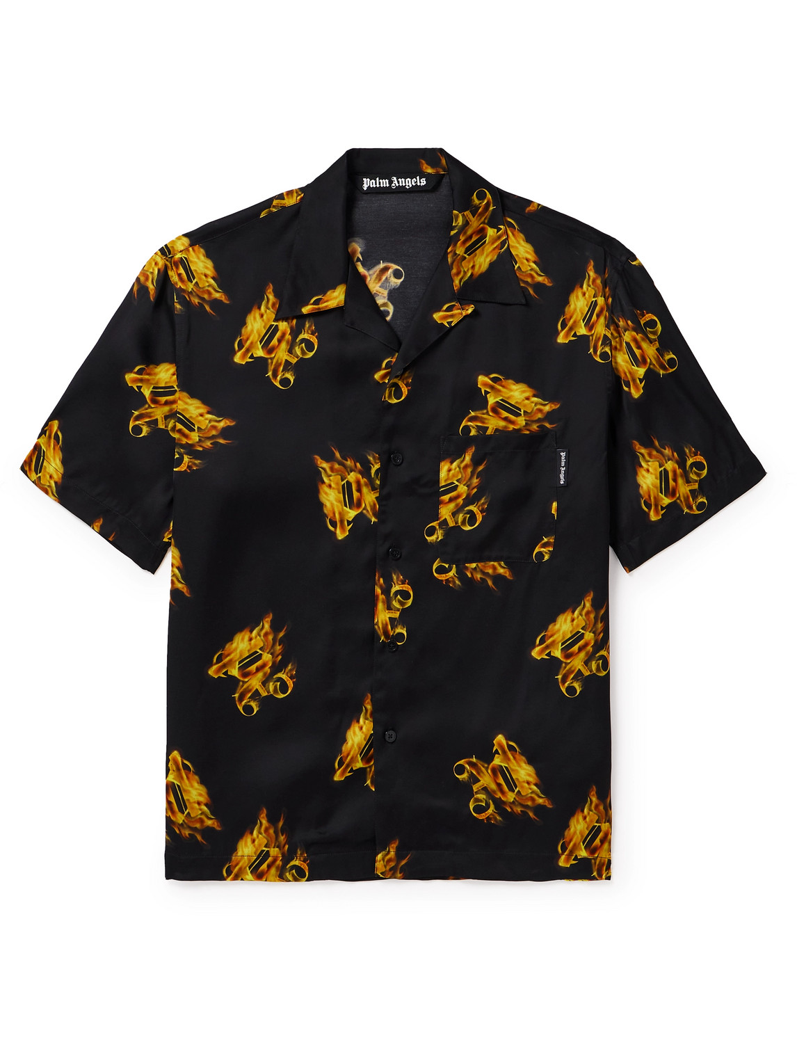 Shop Palm Angels Burning Convertible-collar Logo-print Satin Shirt In Black