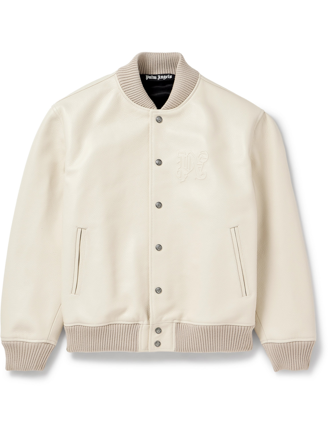 Shop Palm Angels Logo-embossed Leather Bomber Jacket In Neutrals