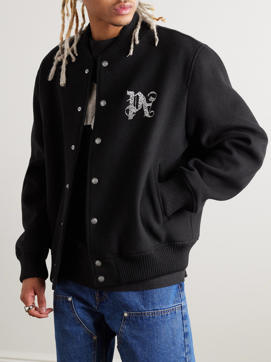 Shop Palm Angels Logo-embroidered Wool-blend Varsity Jacket In Black