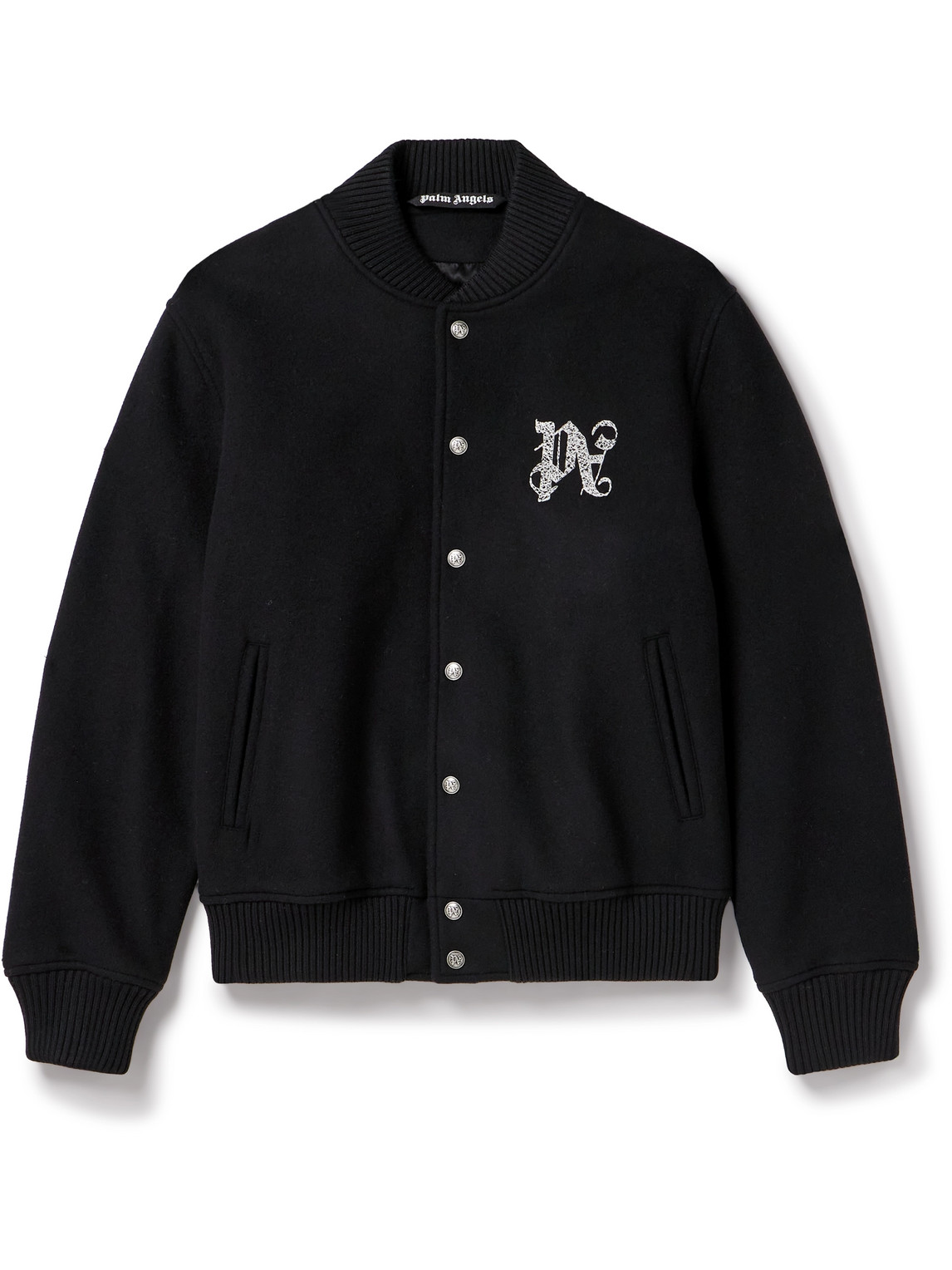 Shop Palm Angels Logo-embroidered Wool-blend Varsity Jacket In Black