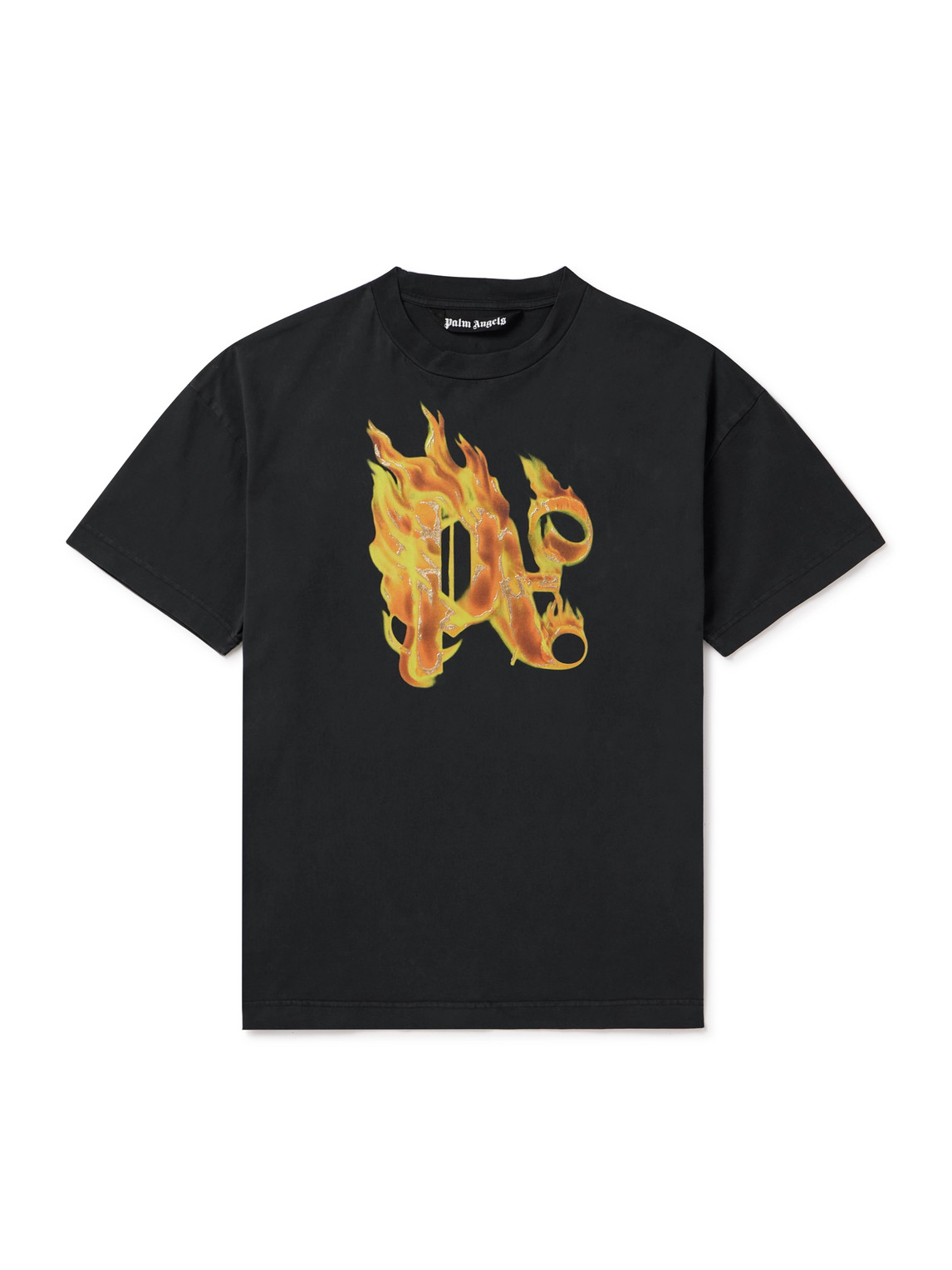 Palm Angels Burning Monogram Embellished Logo-print Cotton-jersey T-shirt In Black