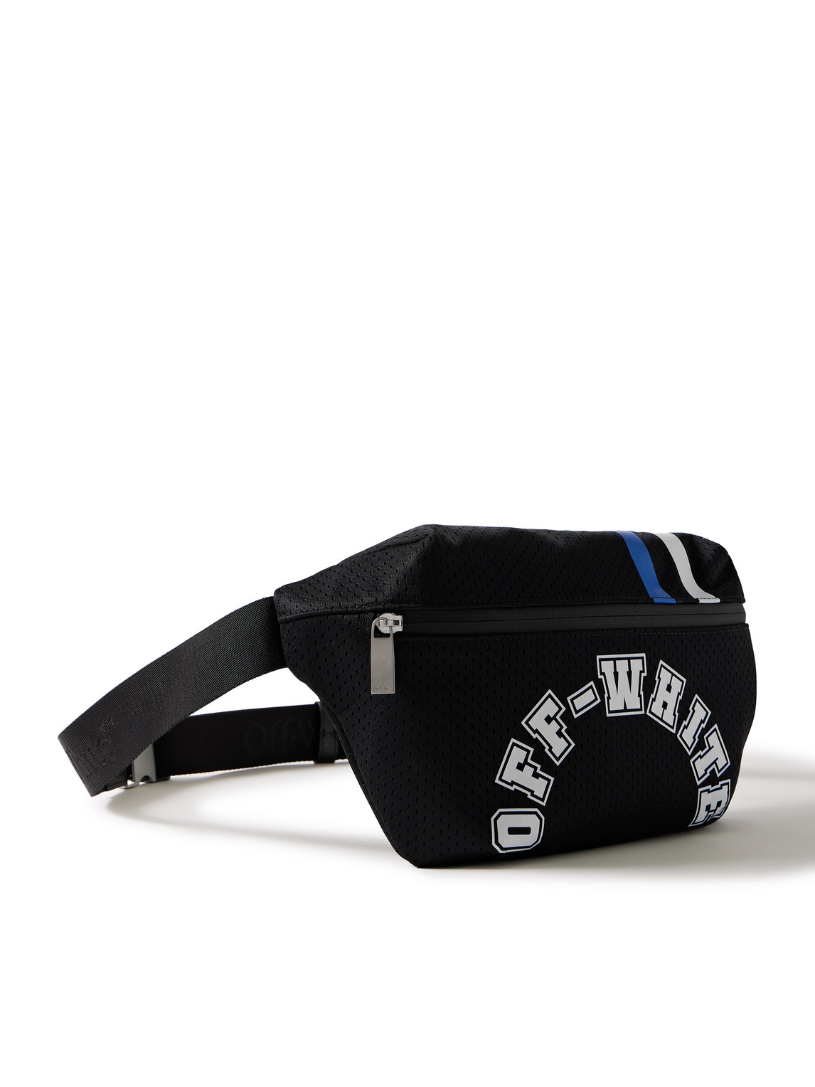 Off-white Logo-print Striped Mesh Belt Bag In Black