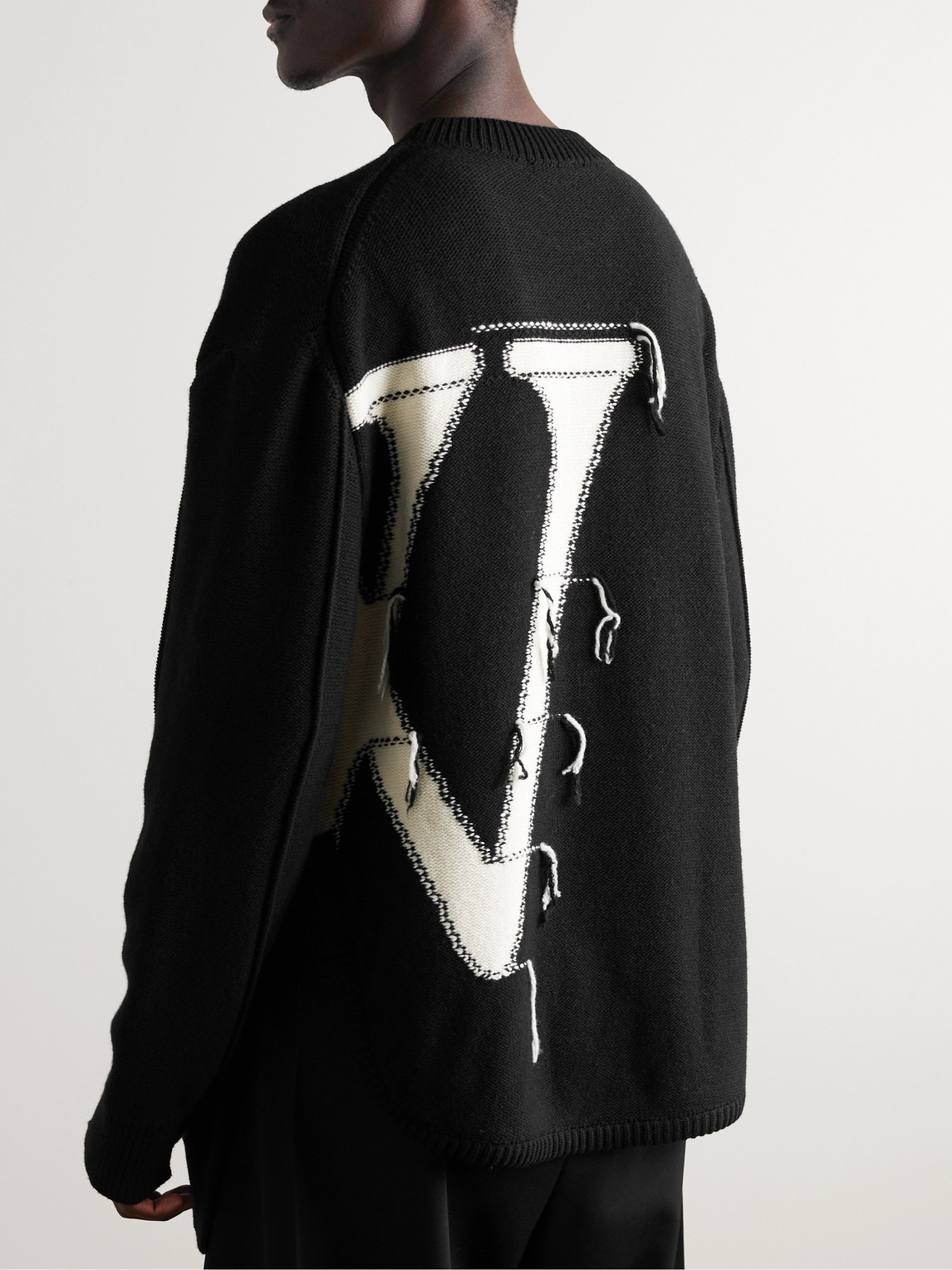 Shop Off-white Oversized Distressed Logo-intarsia Wool Sweater In Black