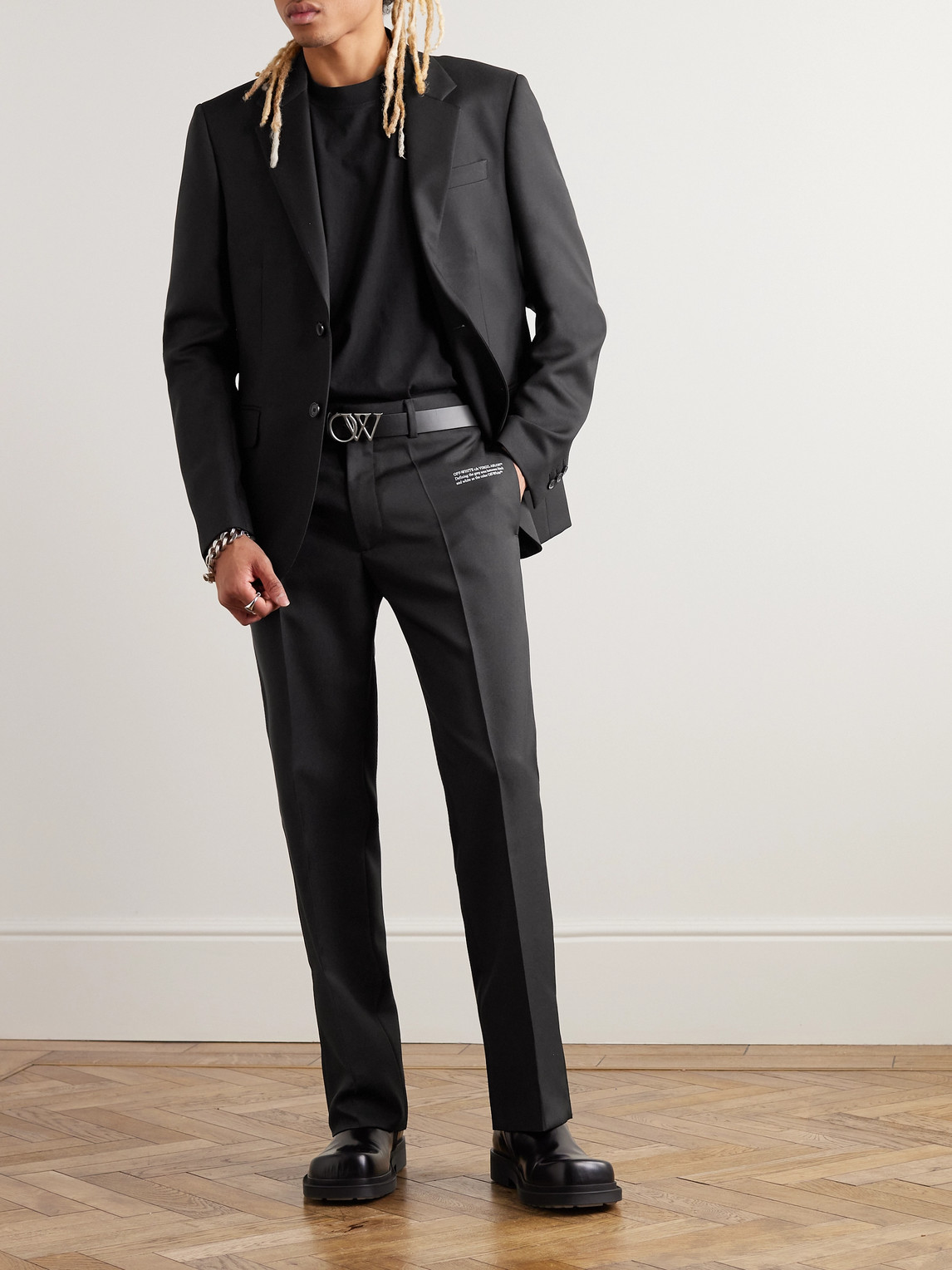 Shop Off-white Slim-fit Straight Leg Printed Drill Suit Trousers In Black