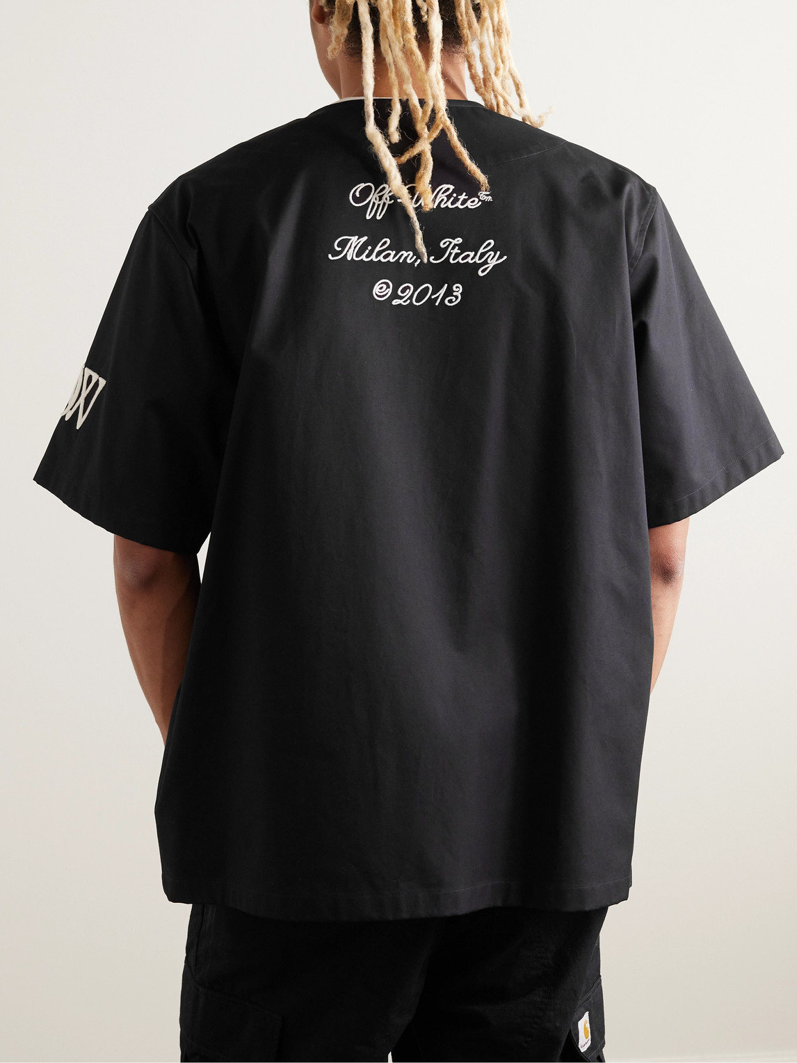 Shop Off-white Appliquéd Cotton Baseball Shirt In Black