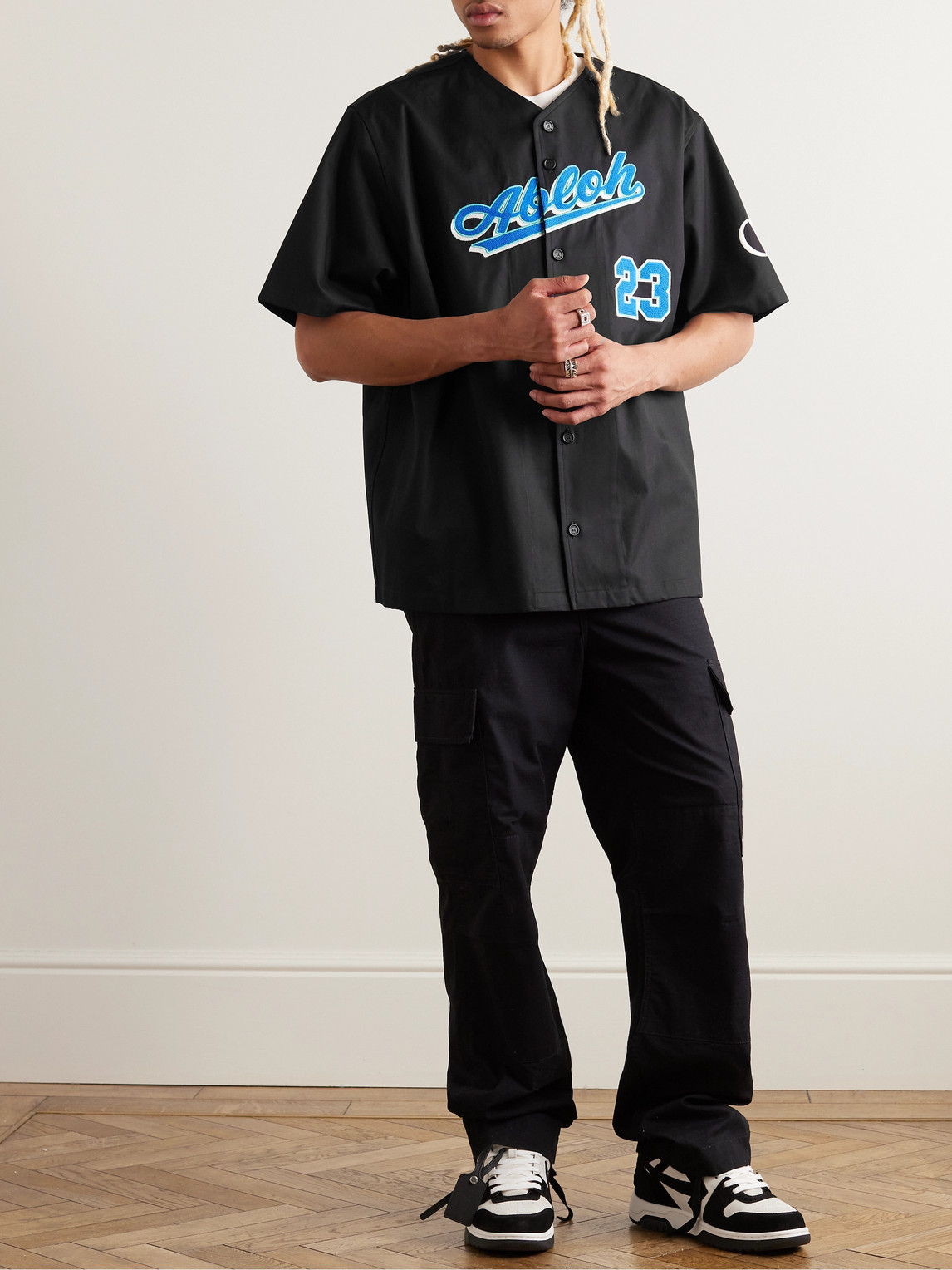 Shop Off-white Appliquéd Cotton Baseball Shirt In Black