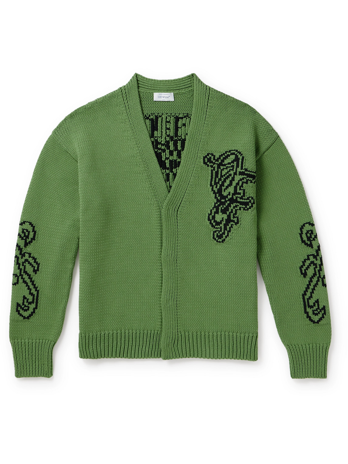 Off-white Logo-intarsia Cotton-blend Cardigan In Green