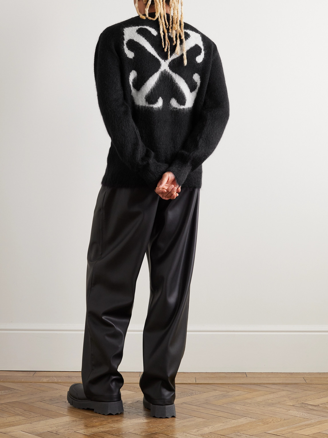 Shop Off-white Jacquard-knit Mohair-blend Sweater In Black