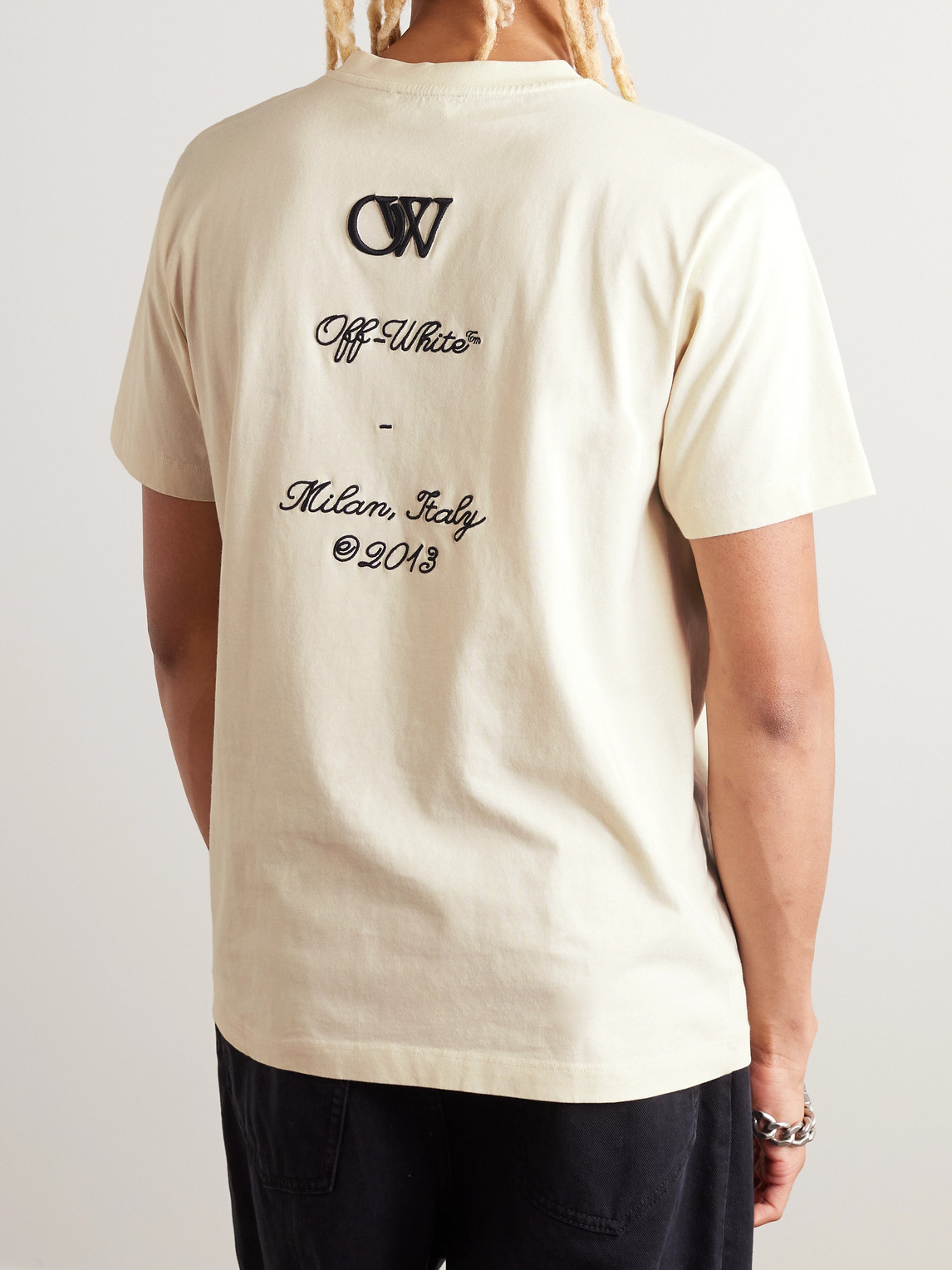Shop Off-white Logo-embroidered Cotton-jersey T-shirt In Neutrals