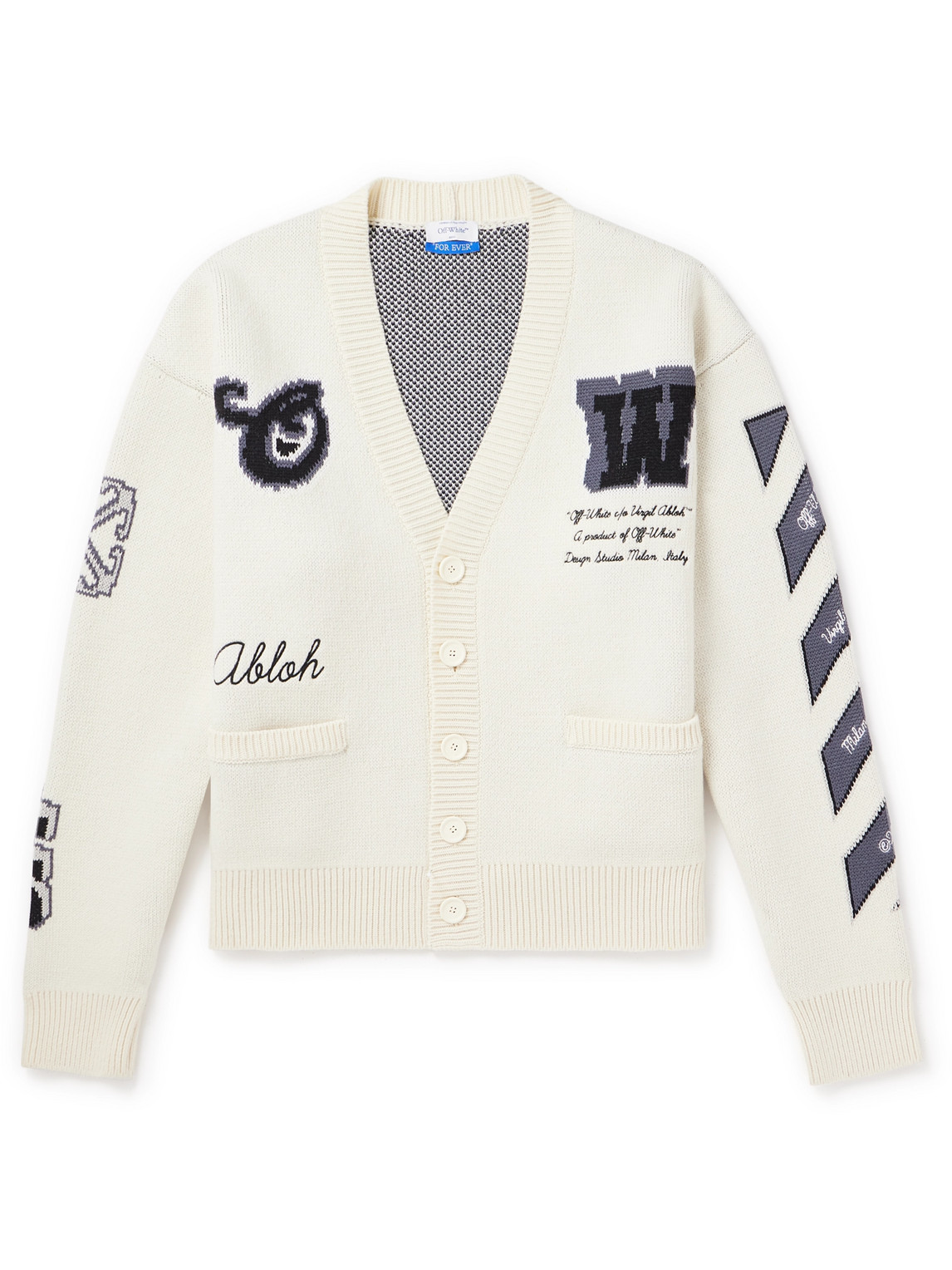 Shop Off-white Varsity Embroidered Jacquard-knit Wool-blend Cardigan In Neutrals