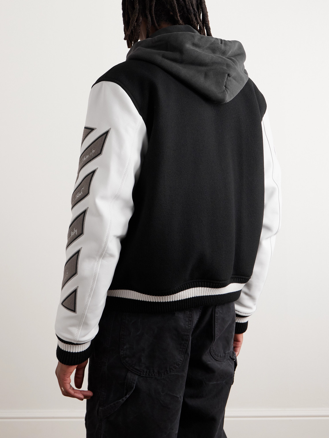 Shop Off-white Lea Appliquéd Embroidered Leather And Wool-blend Varsity Jacket In Black