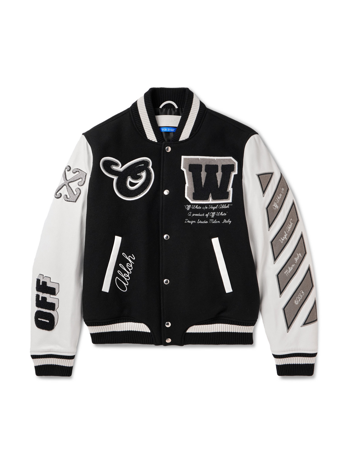 Shop Off-white Lea Appliquéd Embroidered Leather And Wool-blend Varsity Jacket In Black