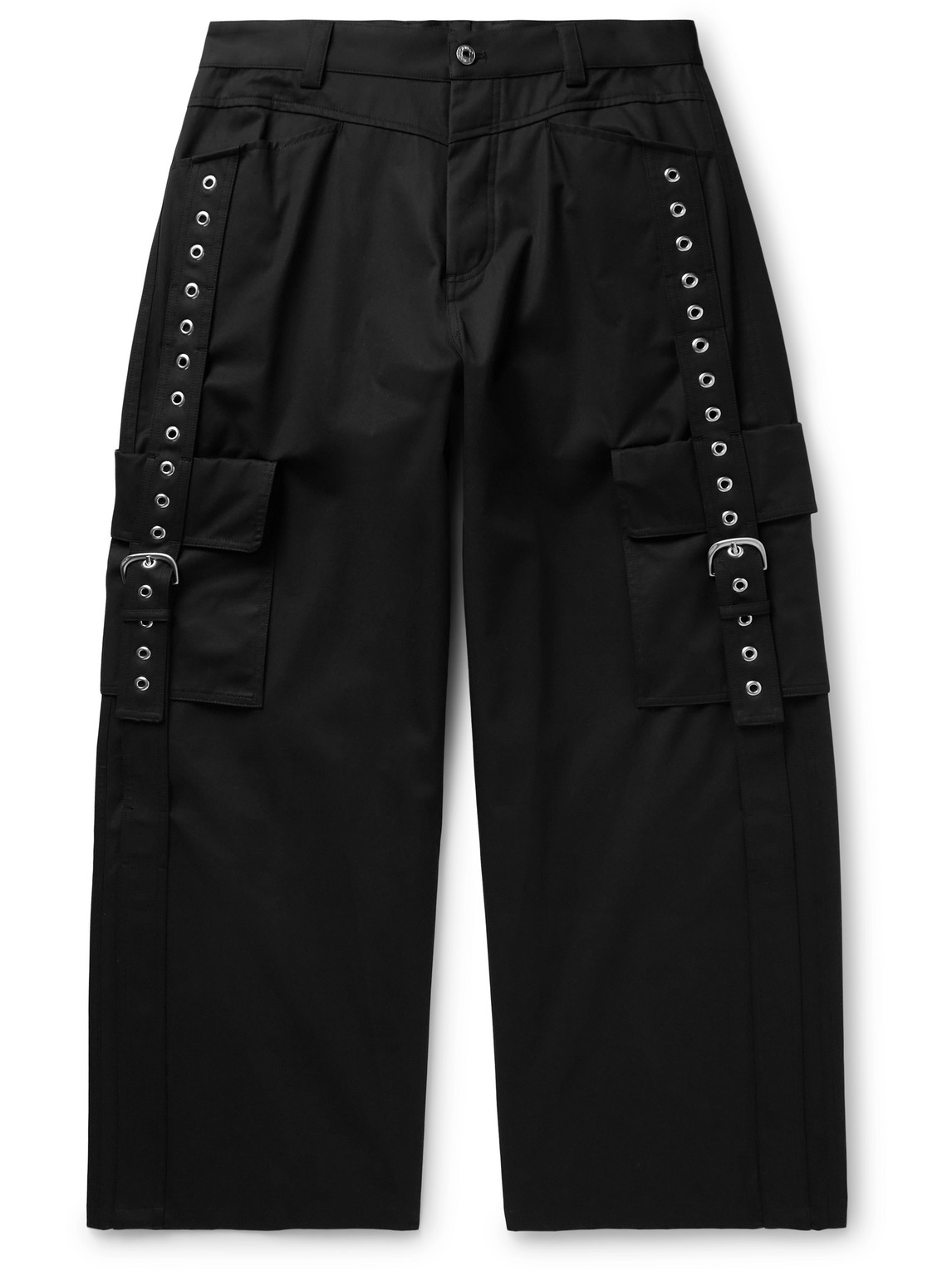 Wide-Leg Buckled Eyelet-Embellished Cotton-Twill Cargo Trousers