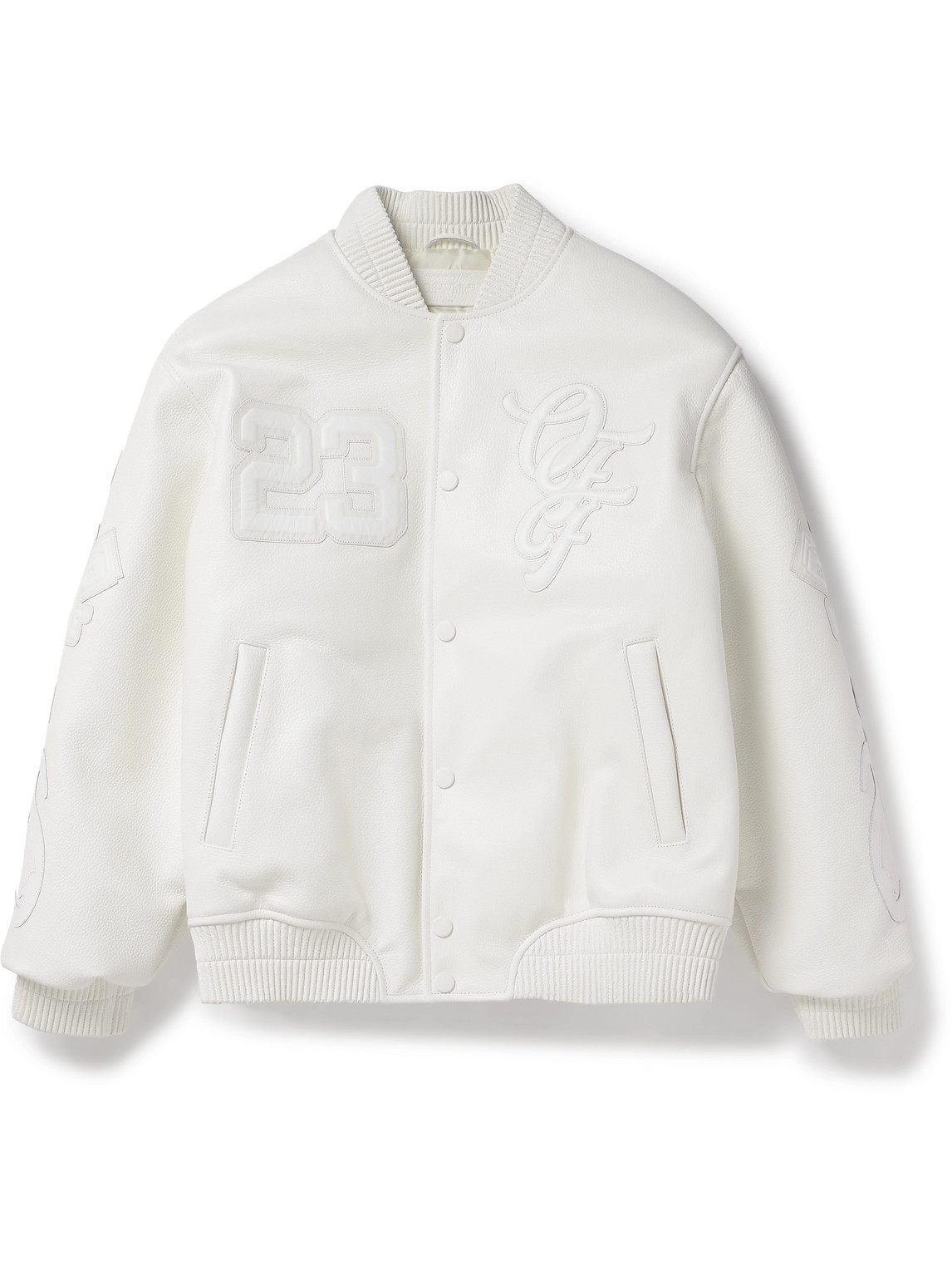 Off-white Natlover Oversized Logo-appliquéd Full-grain Leather Varsity Jacket In White