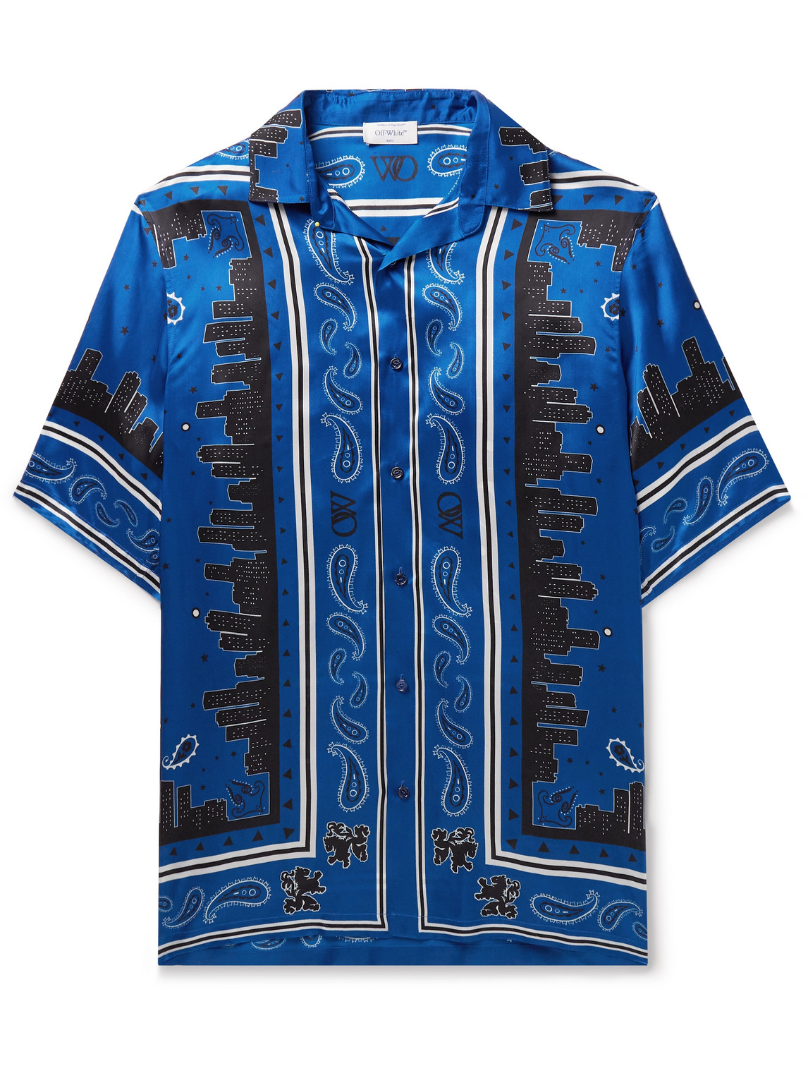 Shop Off-white Camp-collar Printed Satin-twill Shirt In Blue
