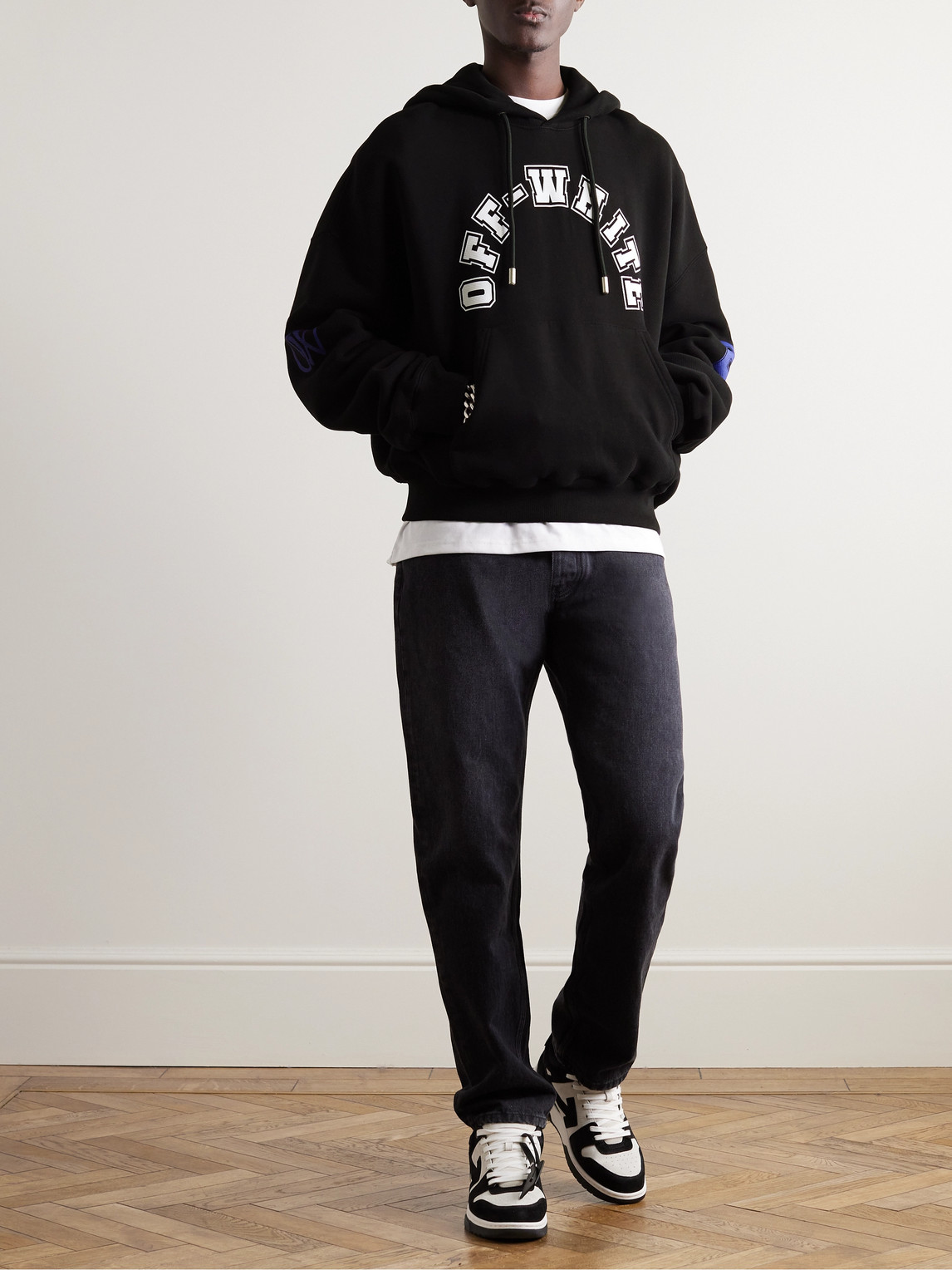 Shop Off-white Oversized Football Logo-print Cotton-jersey Hoodie In Black
