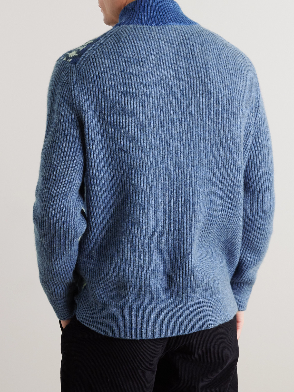 Shop Loro Piana Fair Isle Ribbed-knit Cashmere Half-zip Sweater In Blue