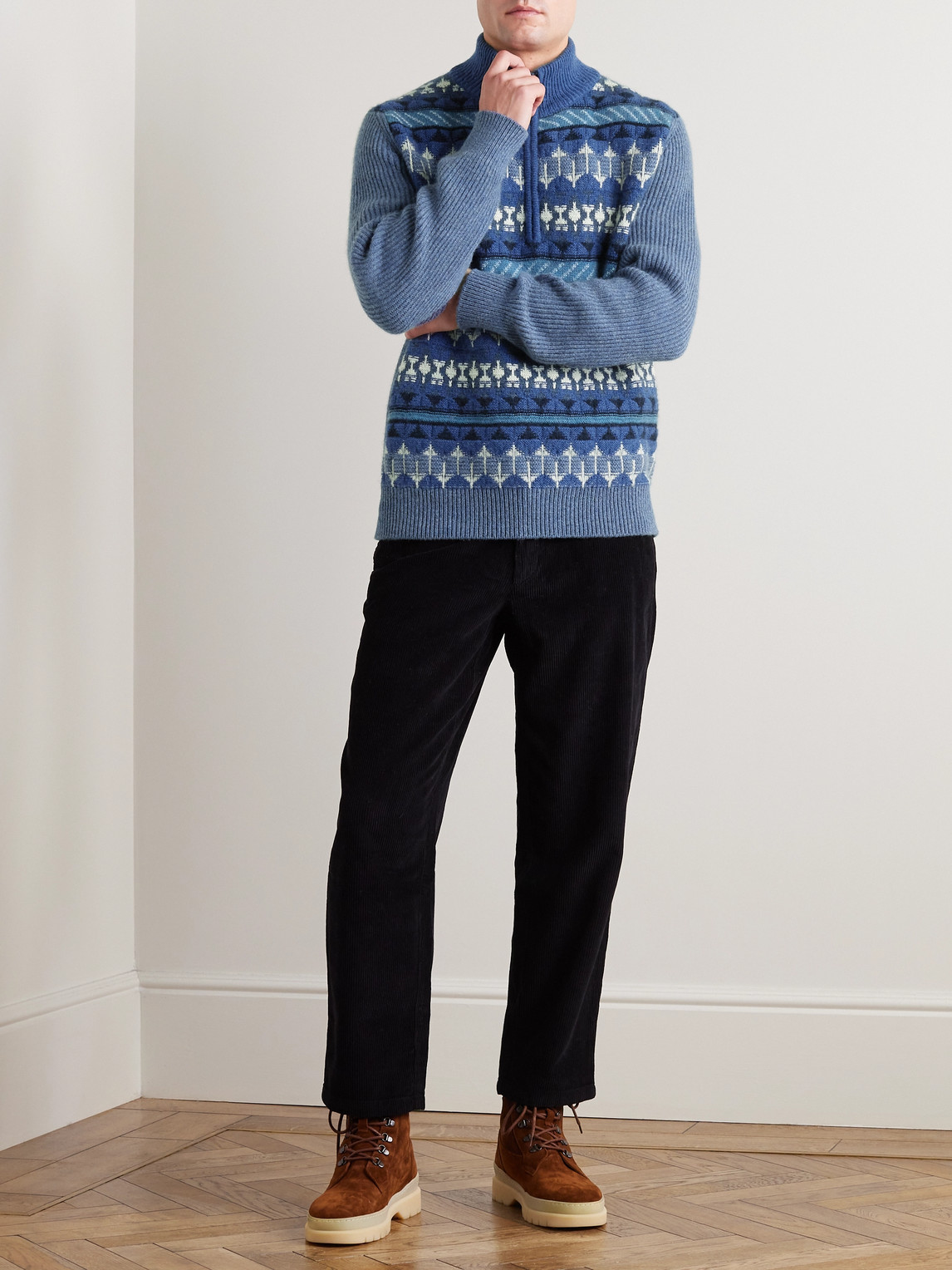 Shop Loro Piana Fair Isle Ribbed-knit Cashmere Half-zip Sweater In Blue