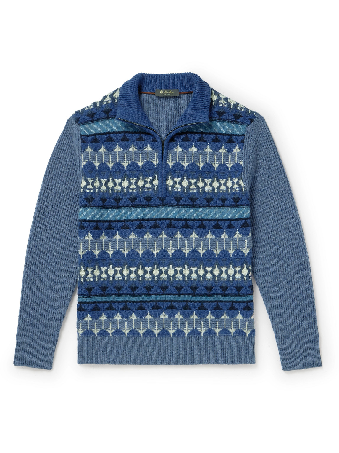 Shop Loro Piana Fair Isle Ribbed-knit Cashmere Half-zip Sweater In Blue