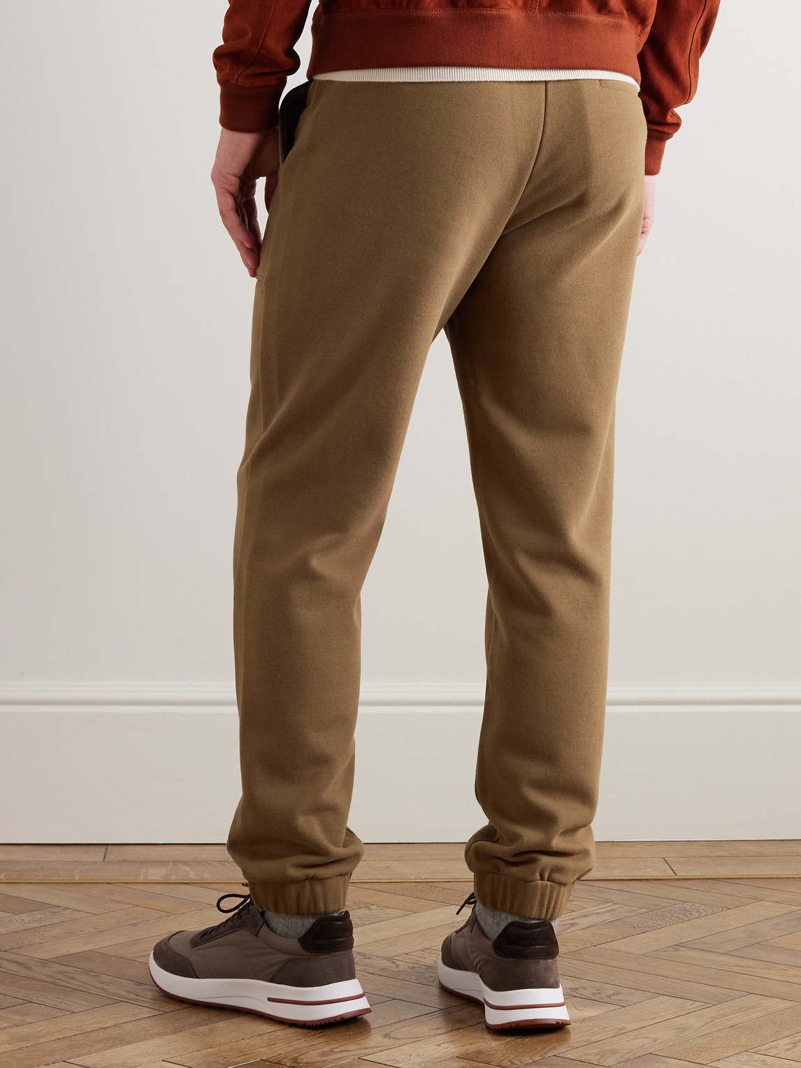 Shop Loro Piana Tapered Leather-trimmed Cotton-blend Jersey Sweatpants In Brown