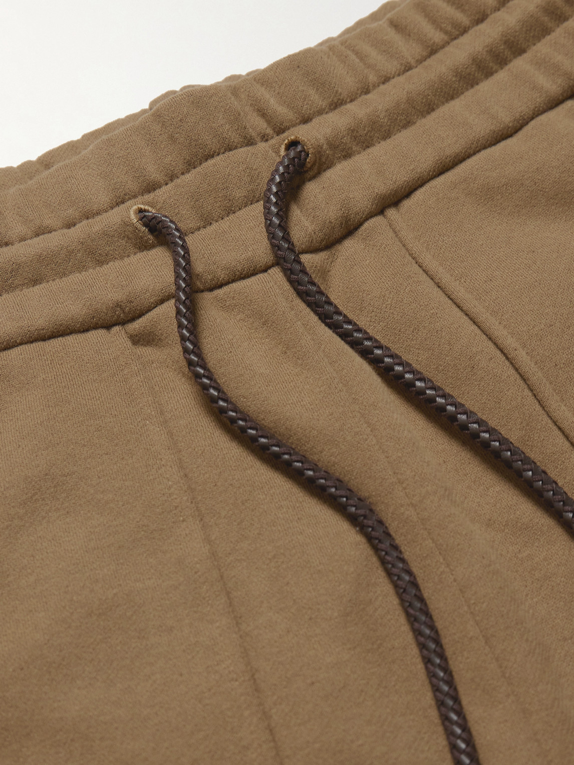 Shop Loro Piana Tapered Leather-trimmed Cotton-blend Jersey Sweatpants In Brown