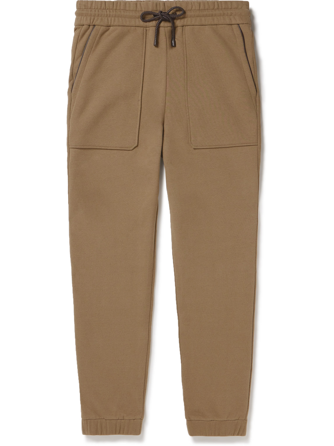 Loro Piana Tapered Leather-trimmed Cotton-blend Jersey Sweatpants In Brown