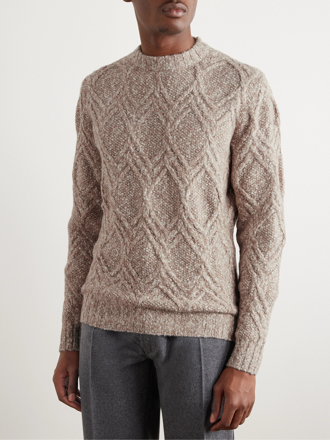 Shop Loro Piana Mélange Cable-knit Wool And Cashmere-blend Sweater In Neutrals