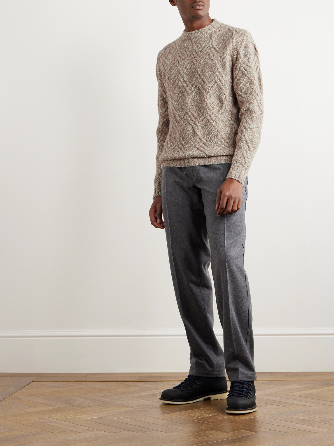Shop Loro Piana Mélange Cable-knit Wool And Cashmere-blend Sweater In Neutrals