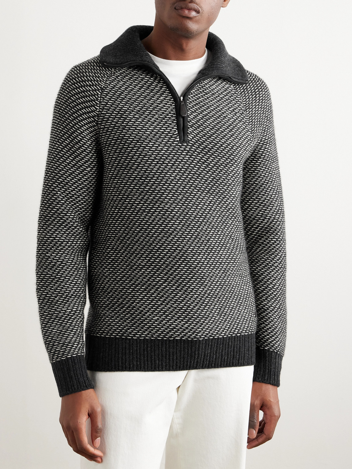 Shop Loro Piana Cashmere And Cotton-blend Half-zip Sweater In Gray