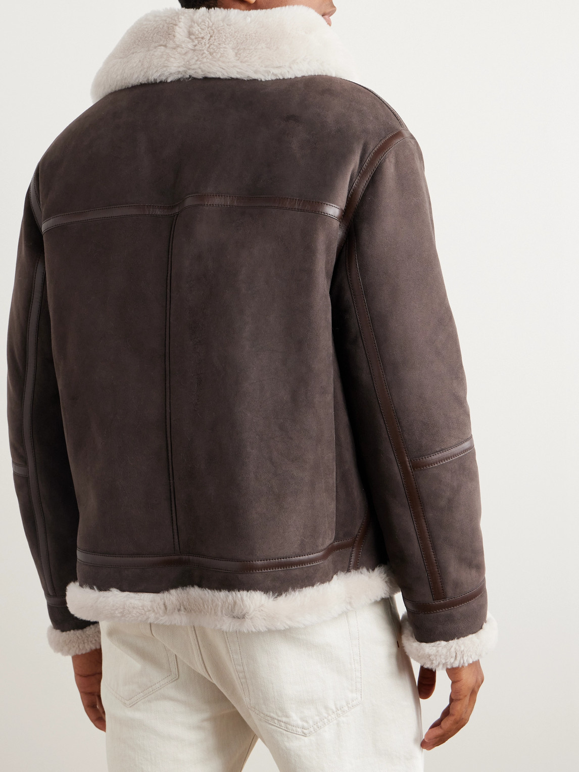 Shop Loro Piana Leather-trimmed Shearling Jacket In Brown