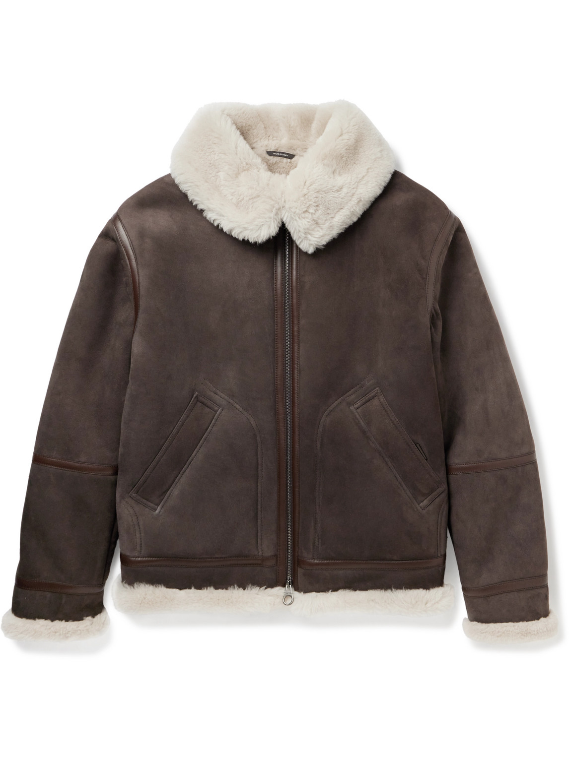 Shop Loro Piana Leather-trimmed Shearling Jacket In Brown