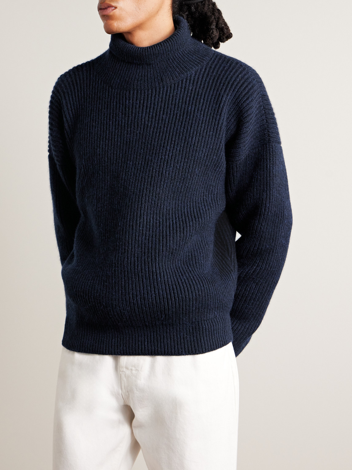 Shop Loro Piana Ribbed Cashmere And Mohair-blend Rollneck Sweater In Blue